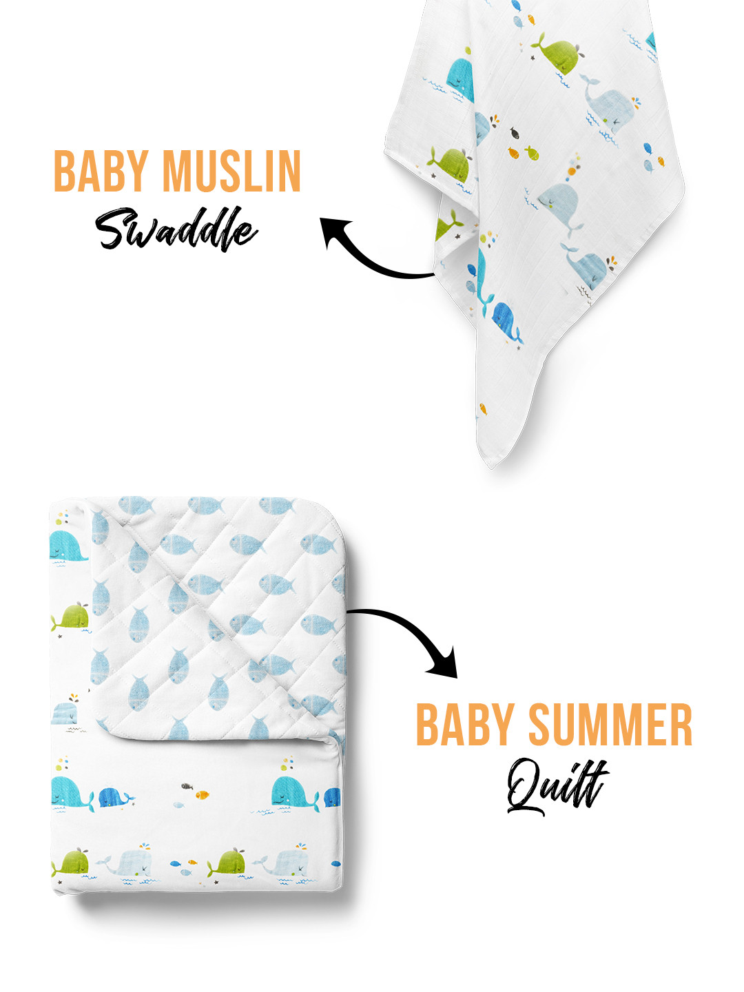 Moms Home Organic Cotton Soft Baby Muslin Swaddle & AC Quilt Combo Bluewhale - 2 Items