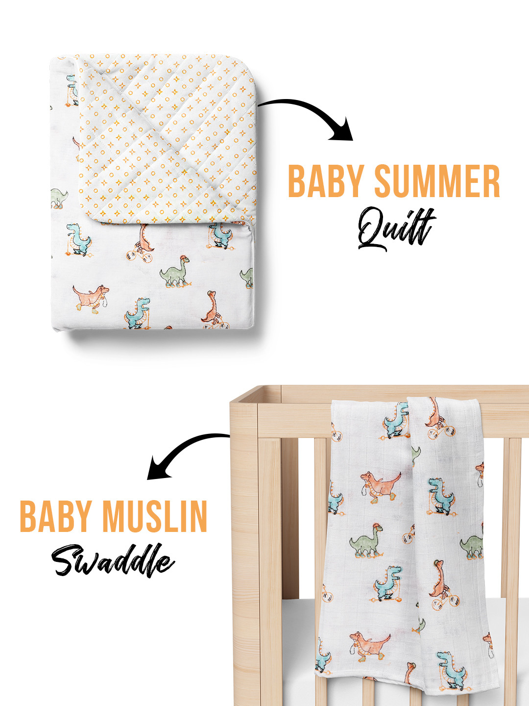 Moms Home Kids Organic Cotton Soft Baby Muslin Swaddle & AC Quilt Combo Dinosaur - 2 Items