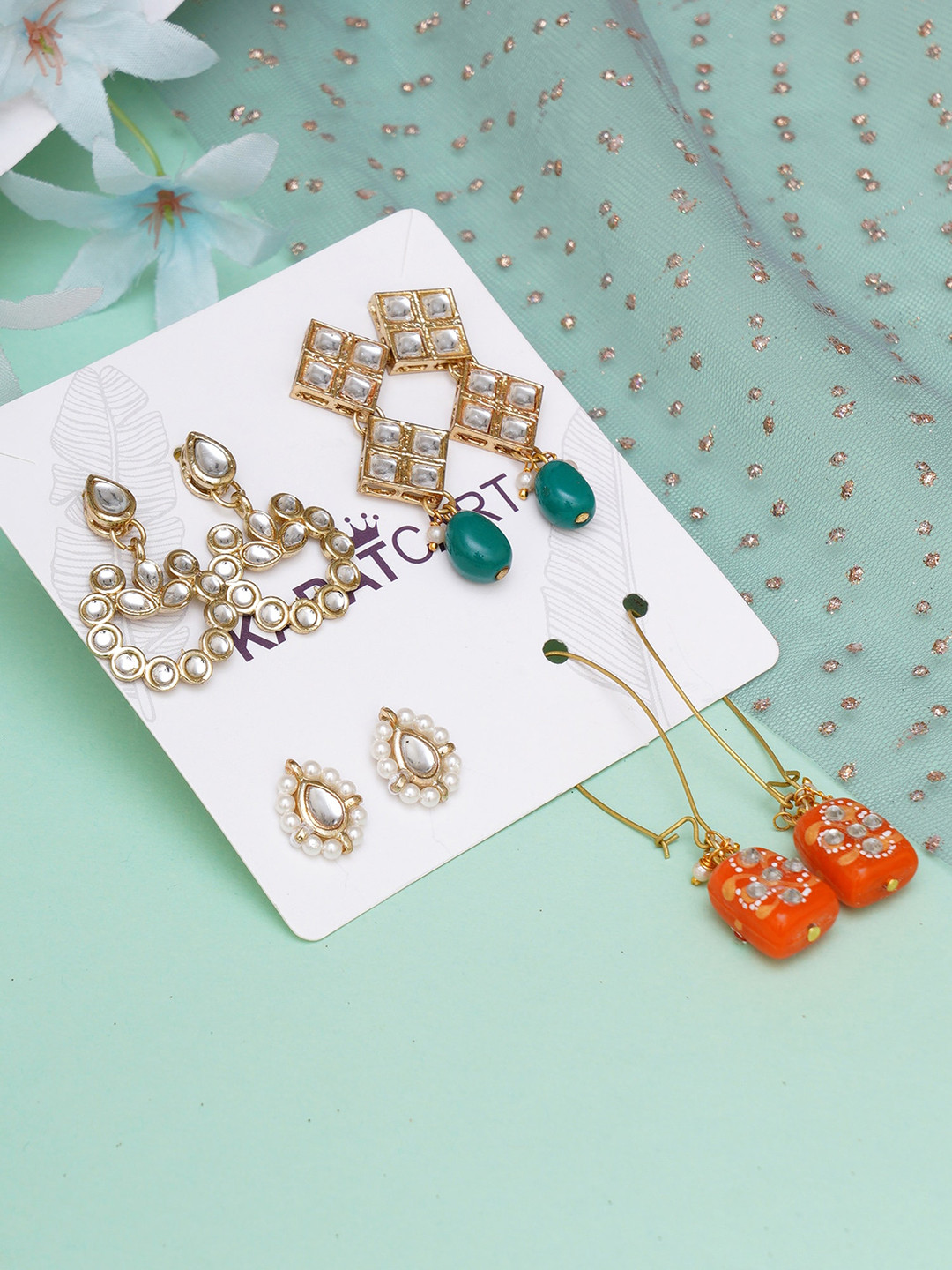 KARATCART Green & Orange Set Of 4 Classic Gold Plated Drop Earrings