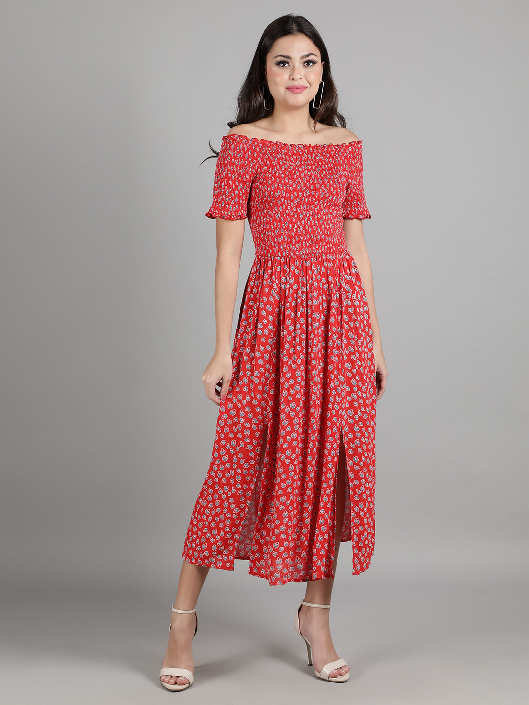 DEBONATELLA Women Red & Blue Floral Printed Off-Shoulder Midi Dress