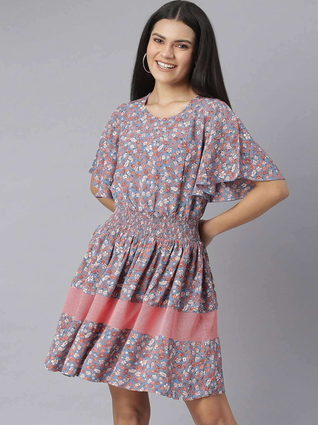 StyleStone Women Grey & Peach-Coloured Floral Printed Fit and Flare Crepe Dress