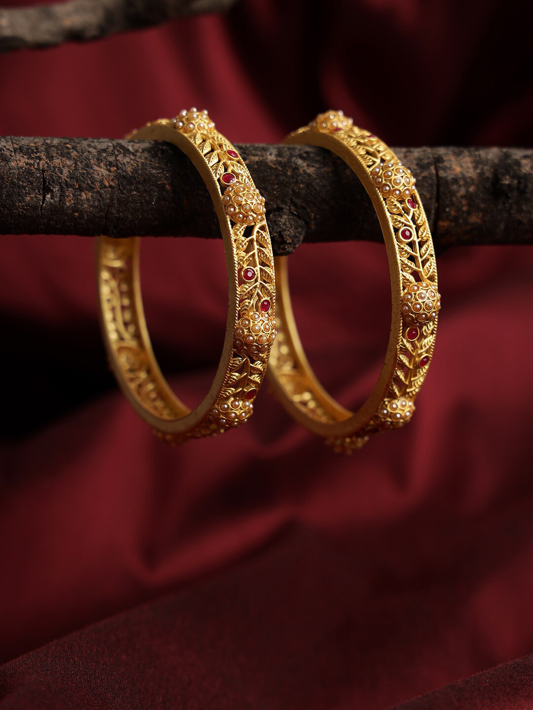 Jazz and Sizzle Set of 2 Gold-Plated Ruby Studded Bangles