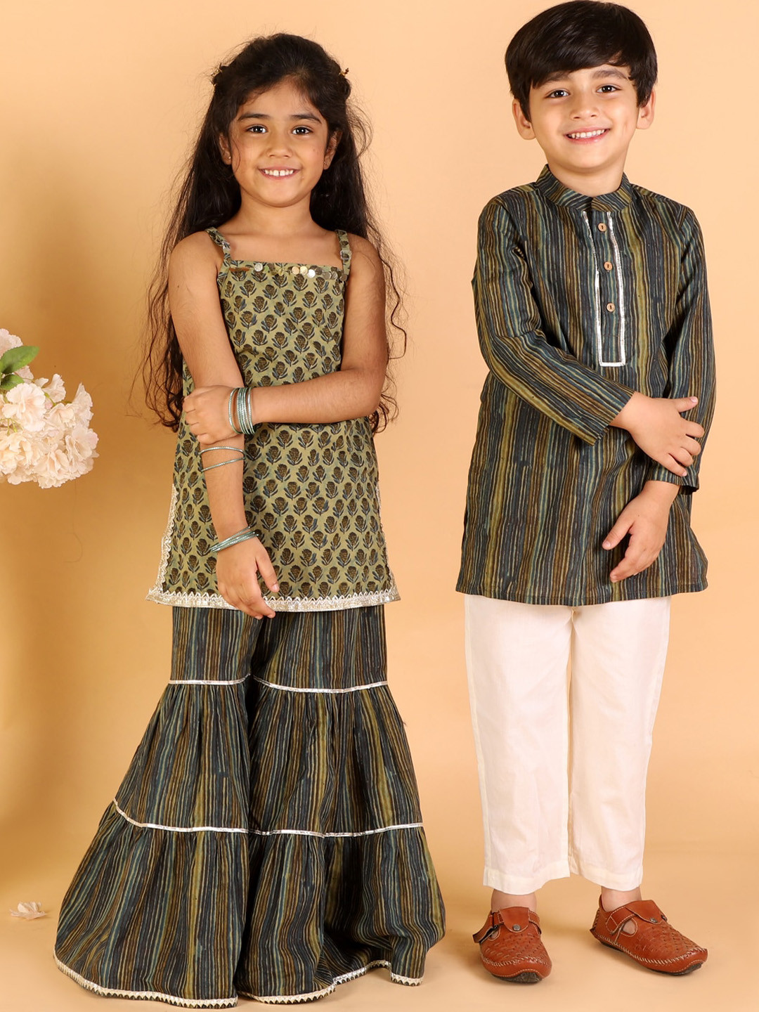 LIL DRAMA Girls Green Floral Printed Thread Work Pure Cotton Kurta with Sharara