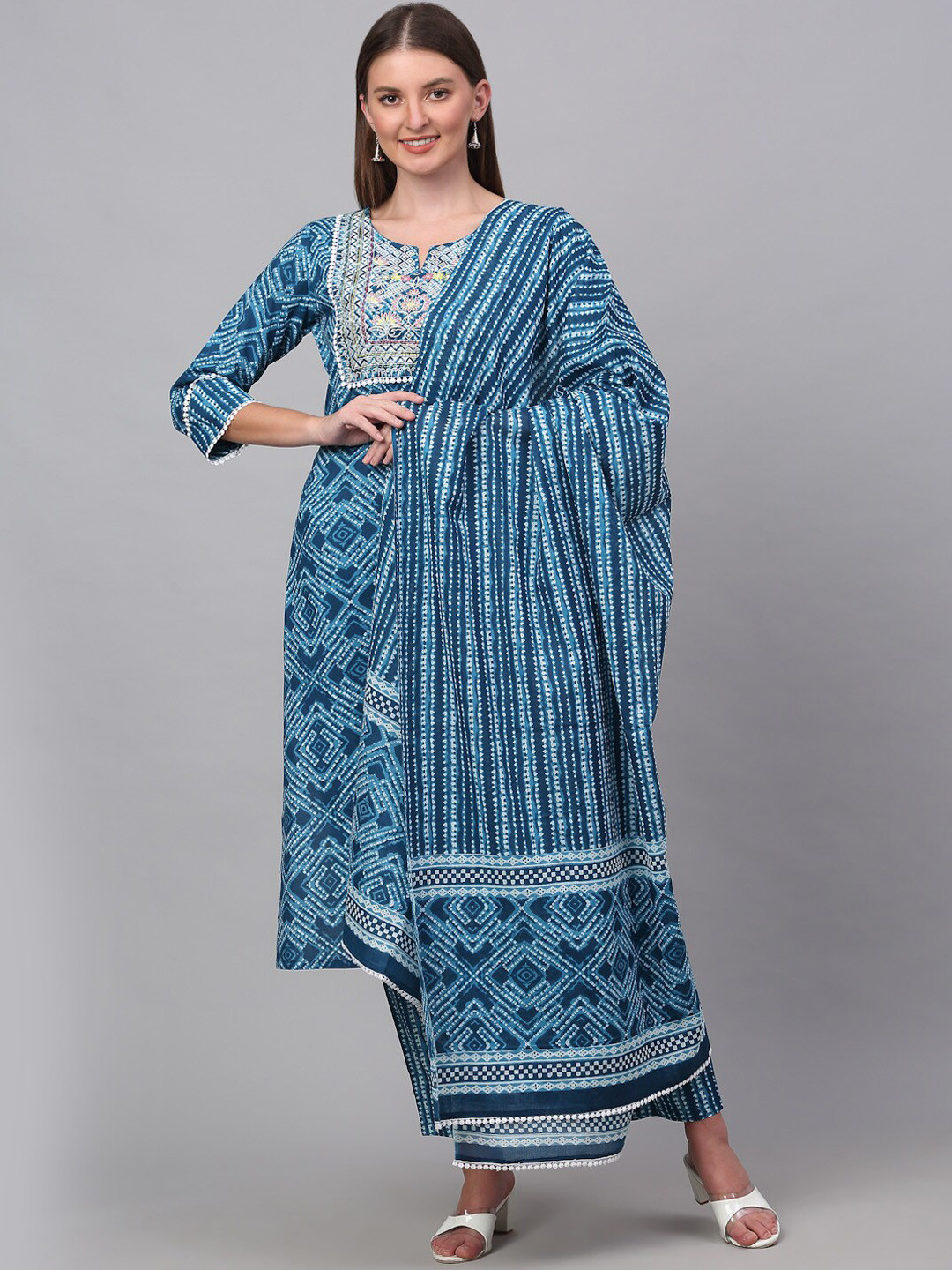 Kamayra Women Blue Ethnic Motifs Printed Pure Cotton Kurta with Palazzos & With Dupatta