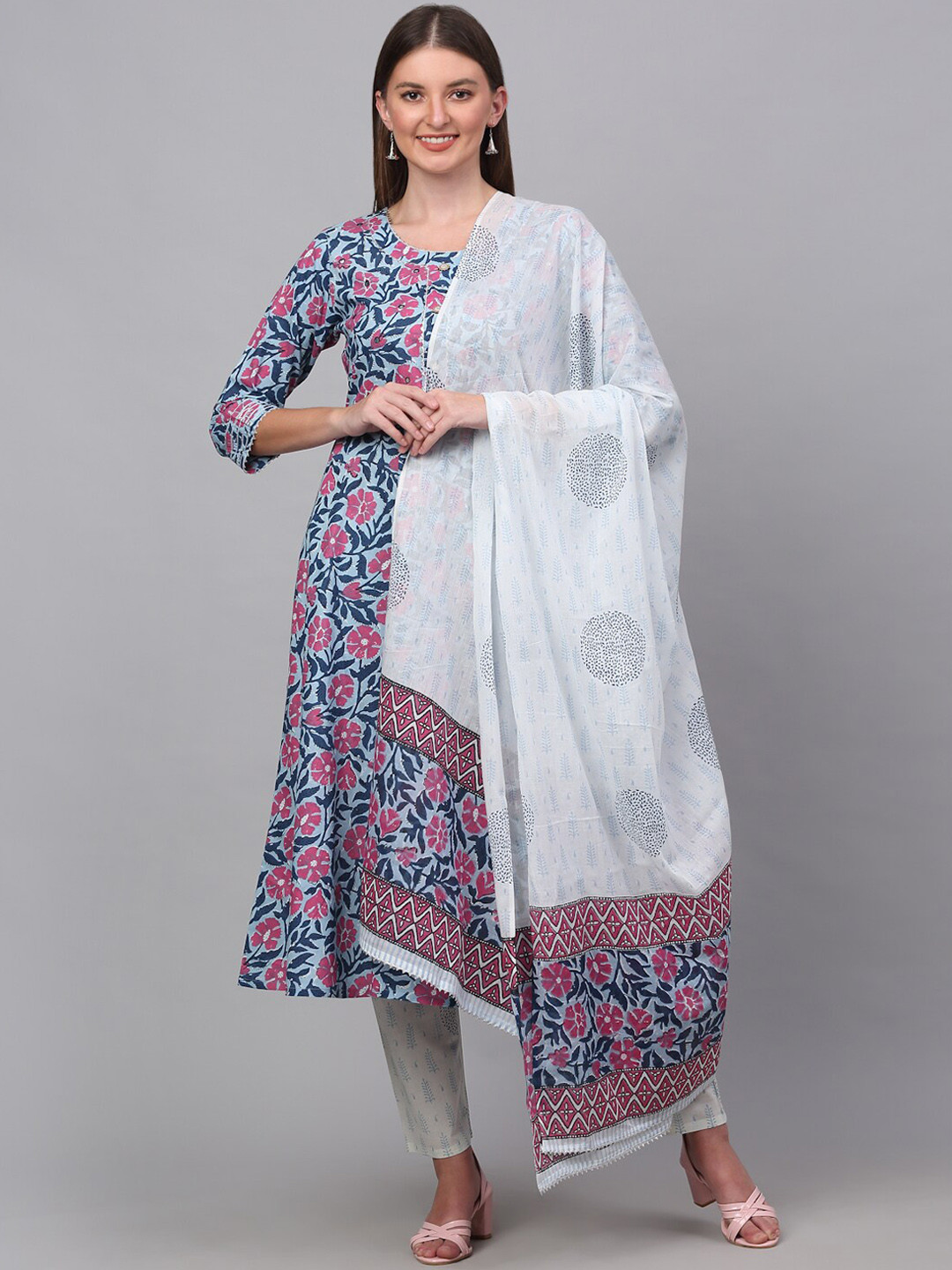 Kamayra Women Blue Floral Printed Empire Gotta Patti Pure Cotton Kurta with Trousers & With Dupatta