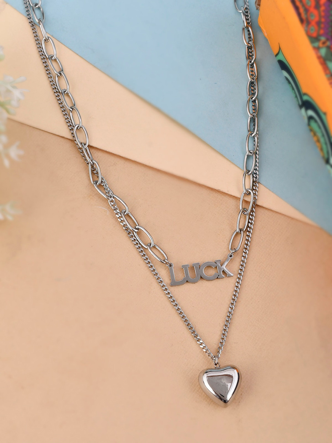 AQUASTREET Women Silver-Toned Luck Engraved with Layered Heart Pendant Necklace Chain