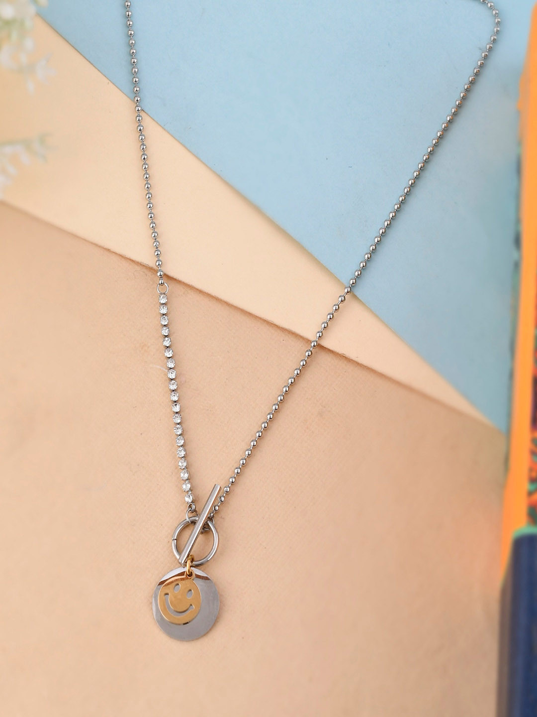 AQUASTREET Women Silver-Toned Smiley Face Charm Pendant with Chain