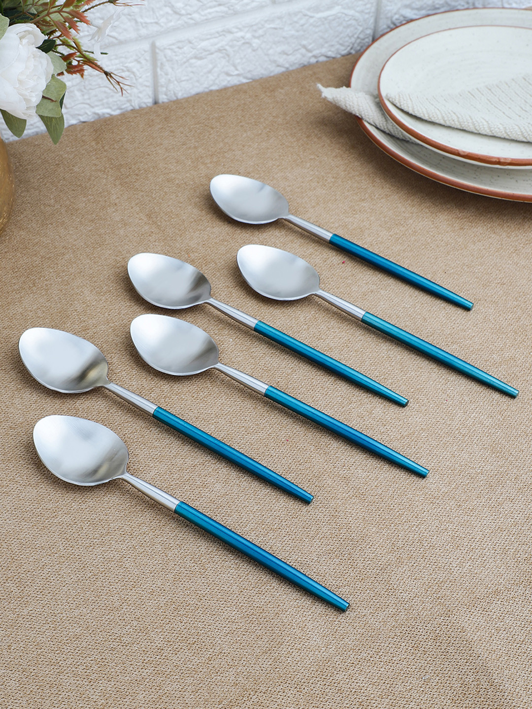 VarEesha Set Of 6 Blue & Silver-Toned Matt Stainless Steel Table Spoons