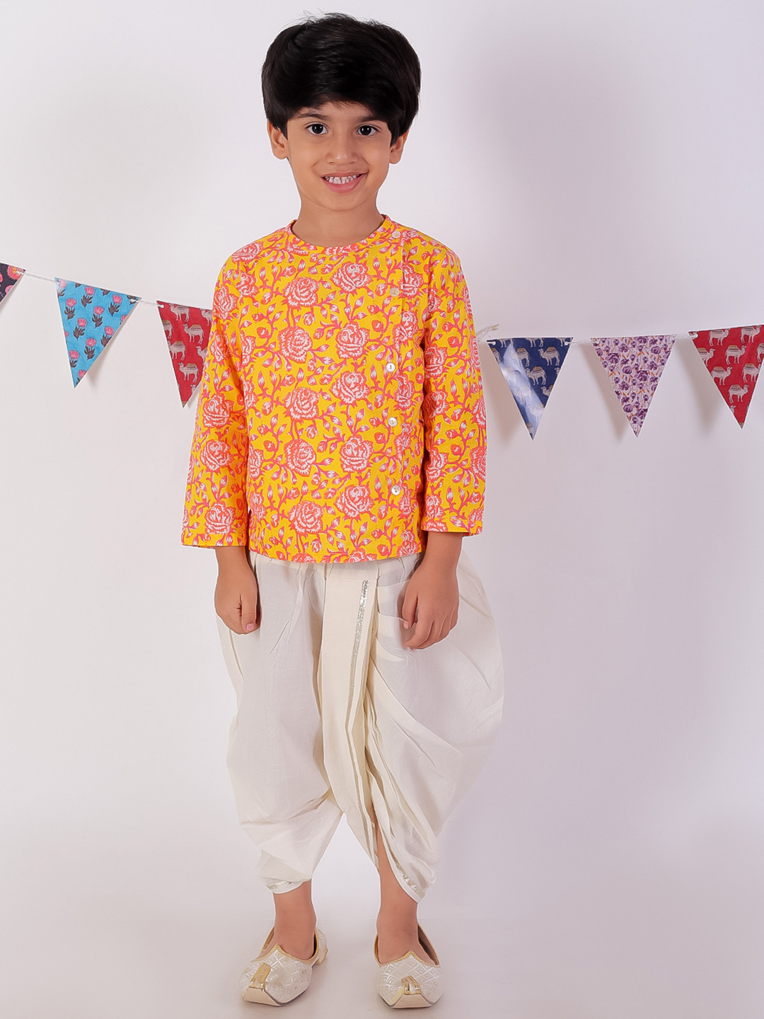 LIL DRAMA Boys Orange Floral Printed Pure Cotton Kurta with Dhoti Pant Set