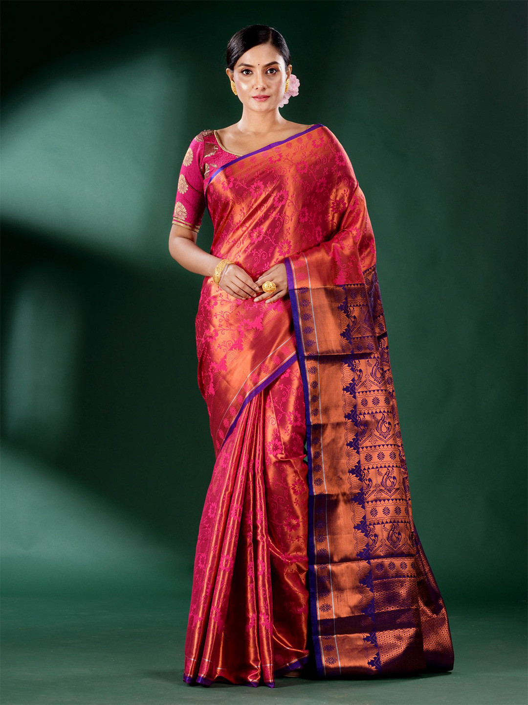 Charukriti Red & Violet Woven Design Zari Silk Blend Saree