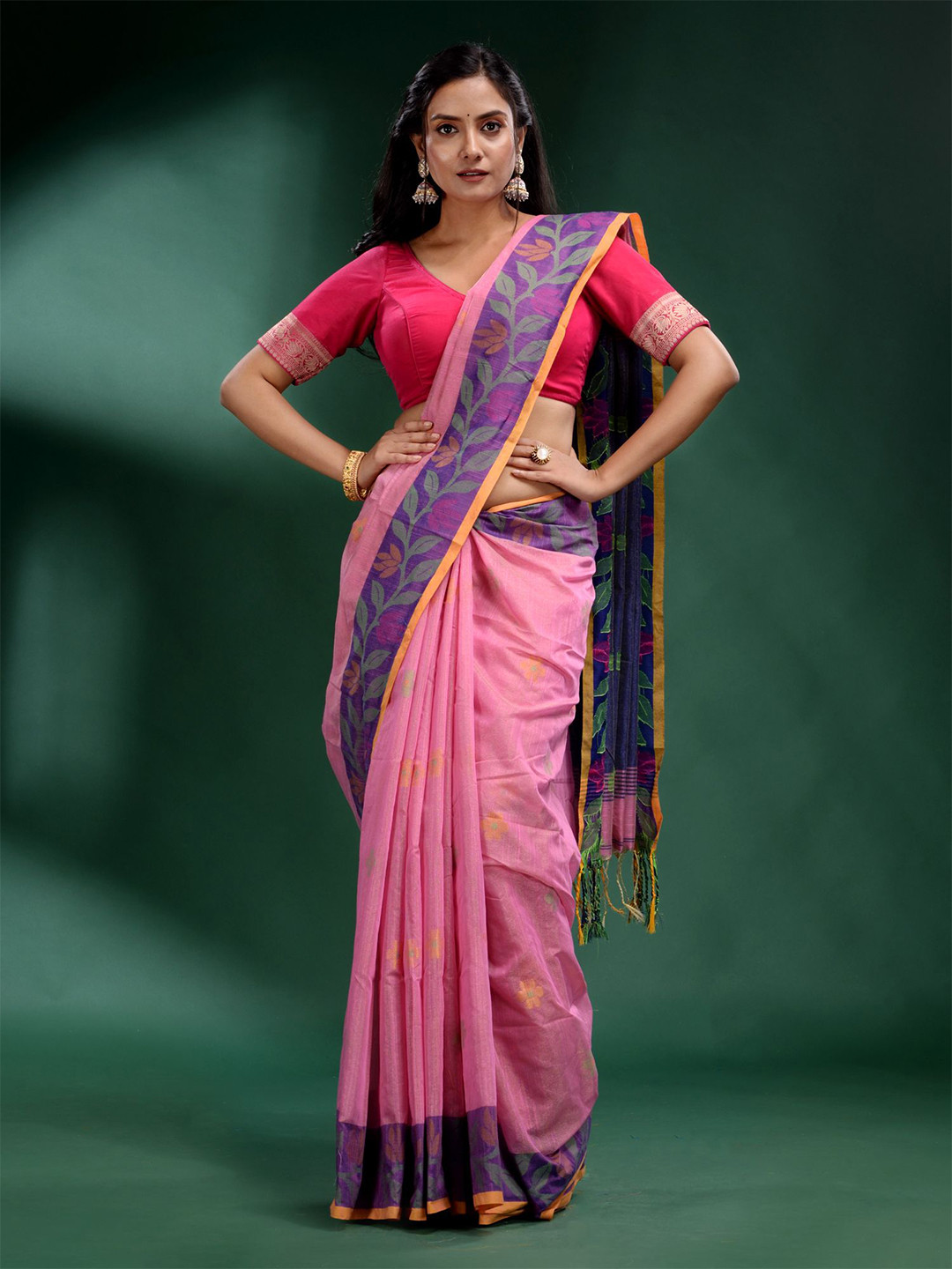 Charukriti Pink & Blue Floral Tissue Saree