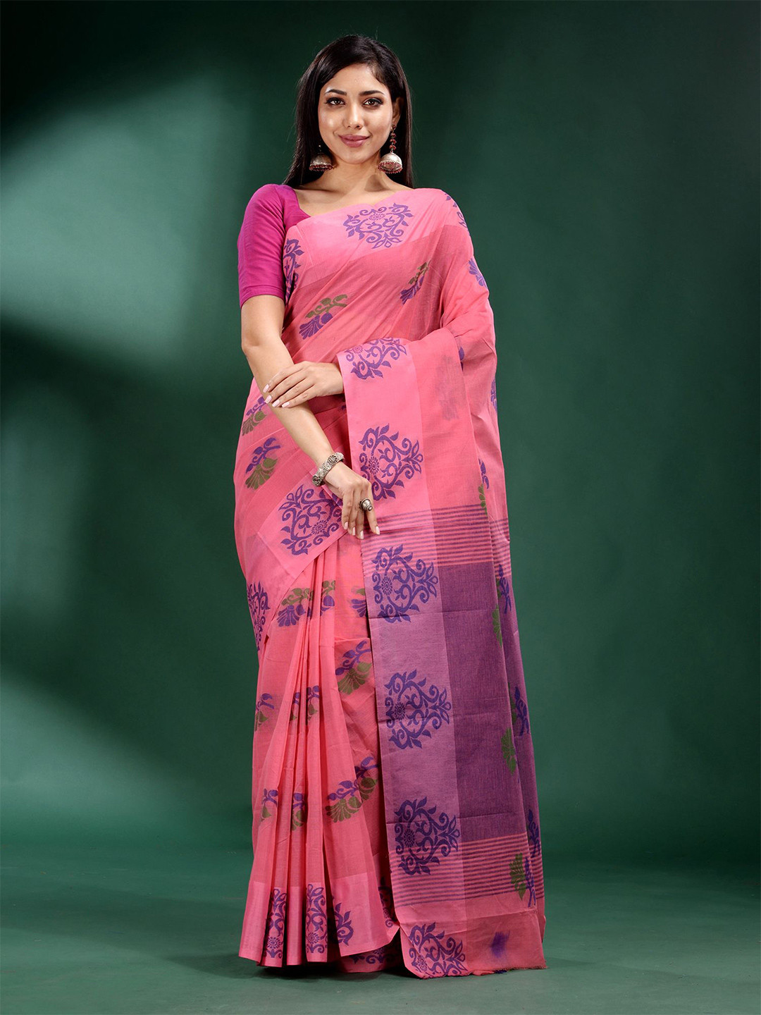 Charukriti Pink & Purple Floral Printed Pure Cotton Saree