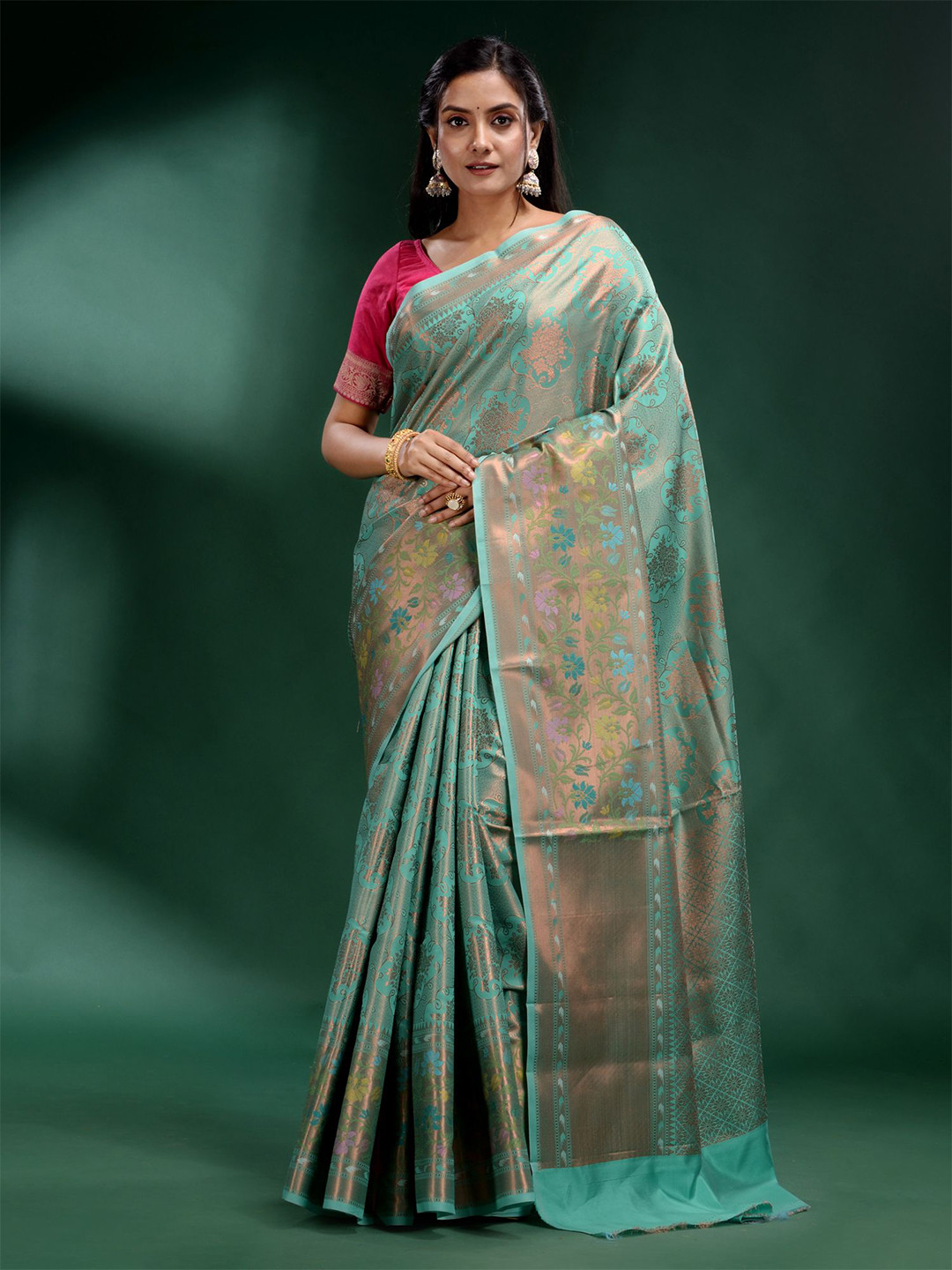 Charukriti Blue & Copper-Toned Woven Design Zari Saree