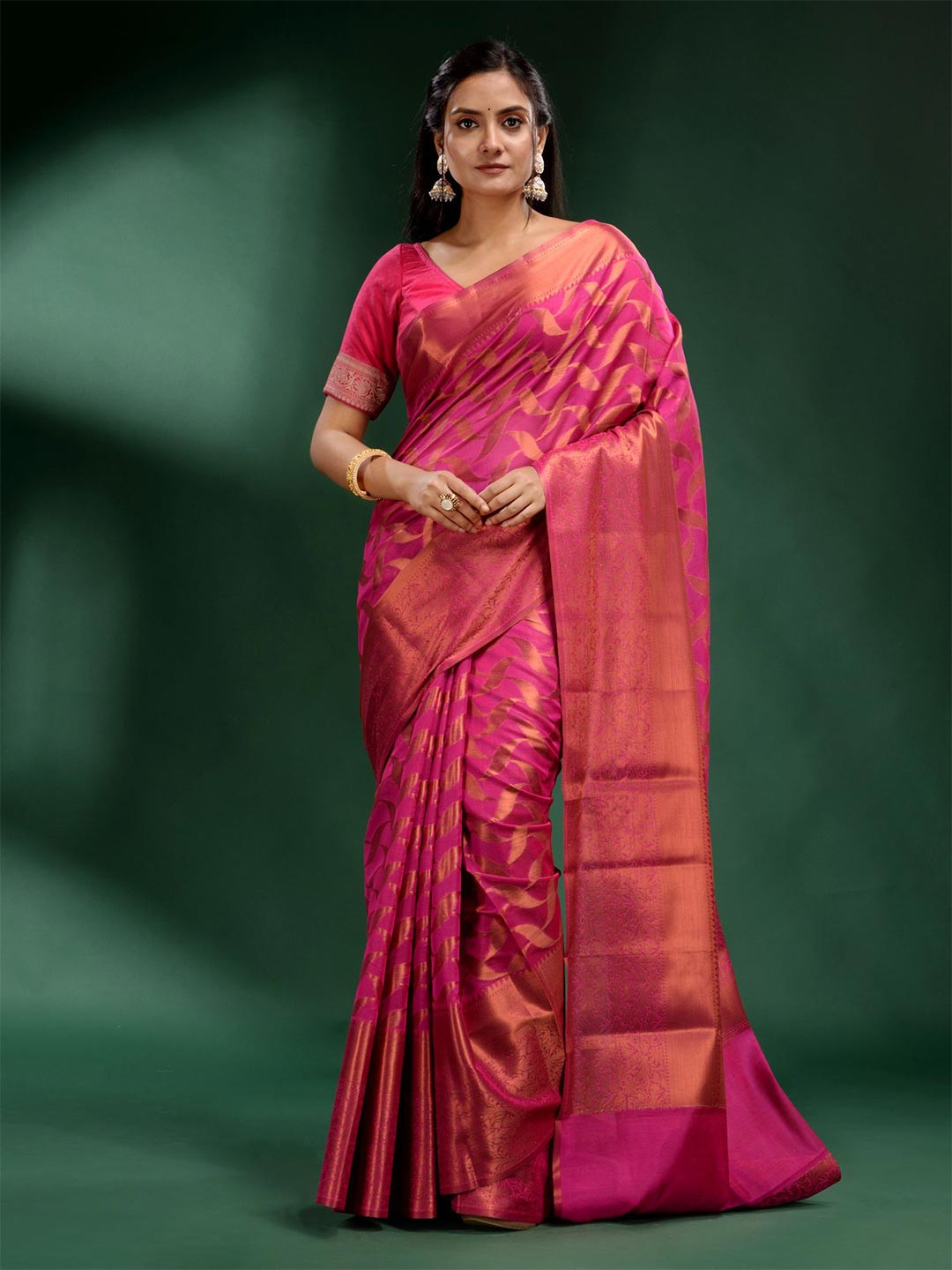 Charukriti Pink And Gold Toned Woven Design Zari Organza Saree