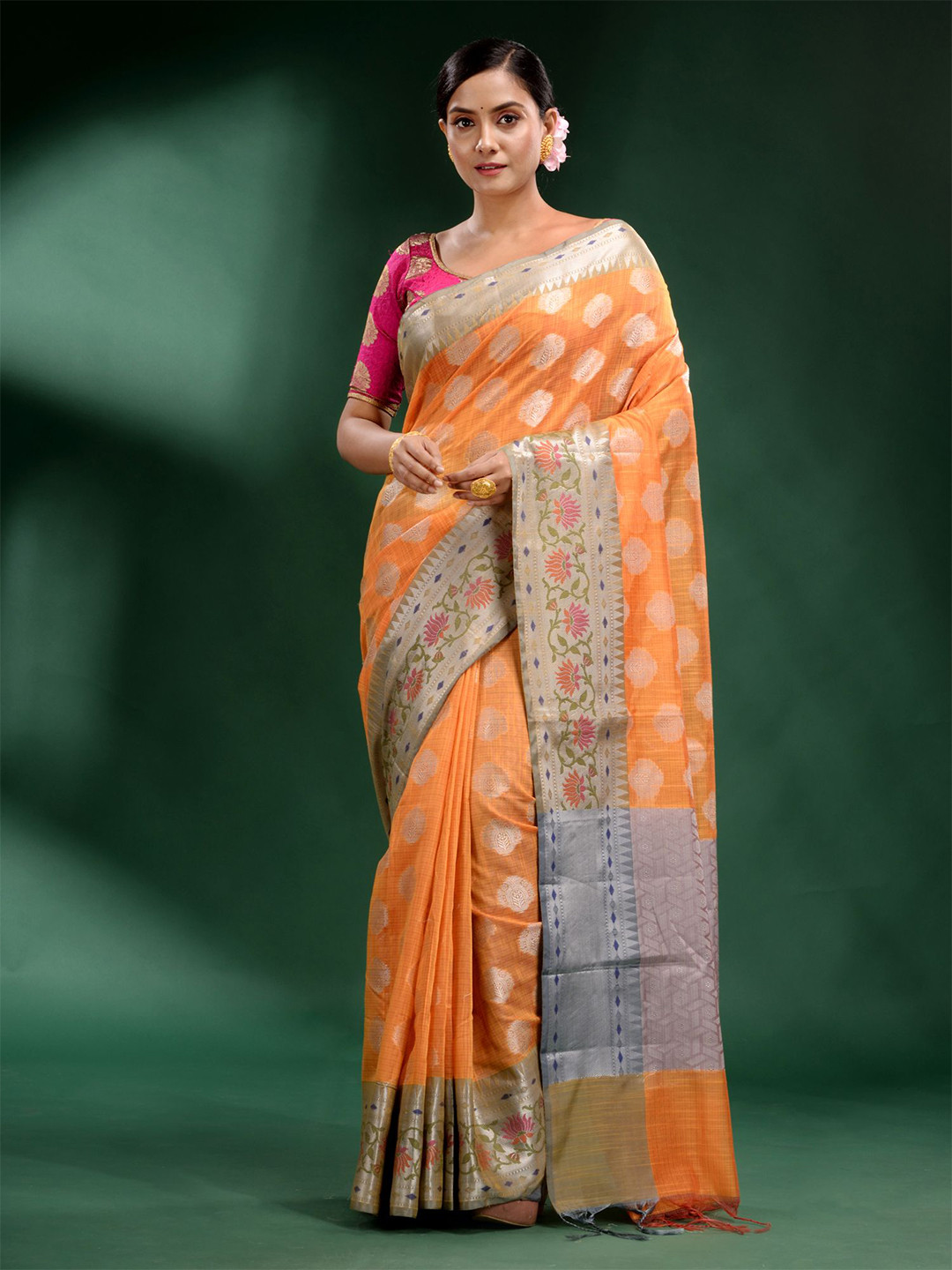 Charukriti Peach And Silver Toned Woven Design Zari Saree