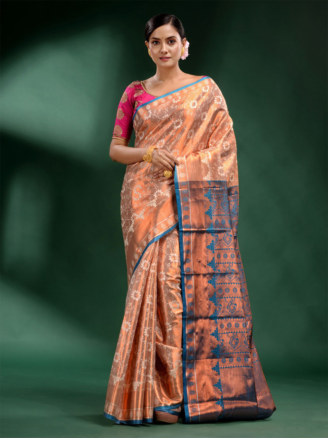 Charukriti Cream And Blue Woven Design Zari Saree