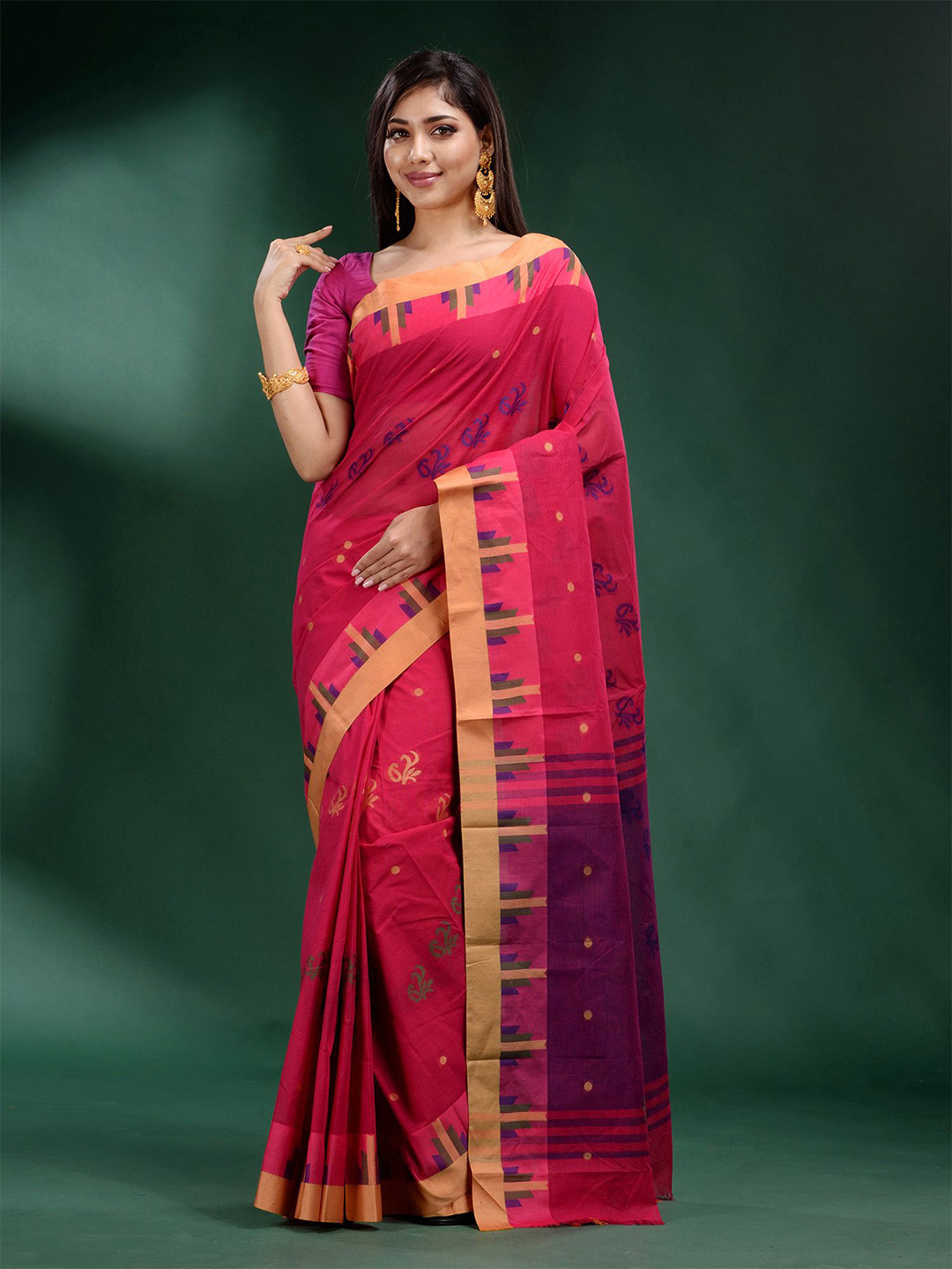 Charukriti Red And Purple Woven Design Zari Pure Cotton Saree