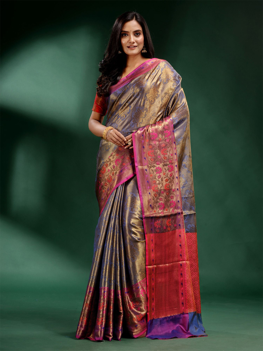 Charukriti Grey And Red Floral Woven Design Zari Saree