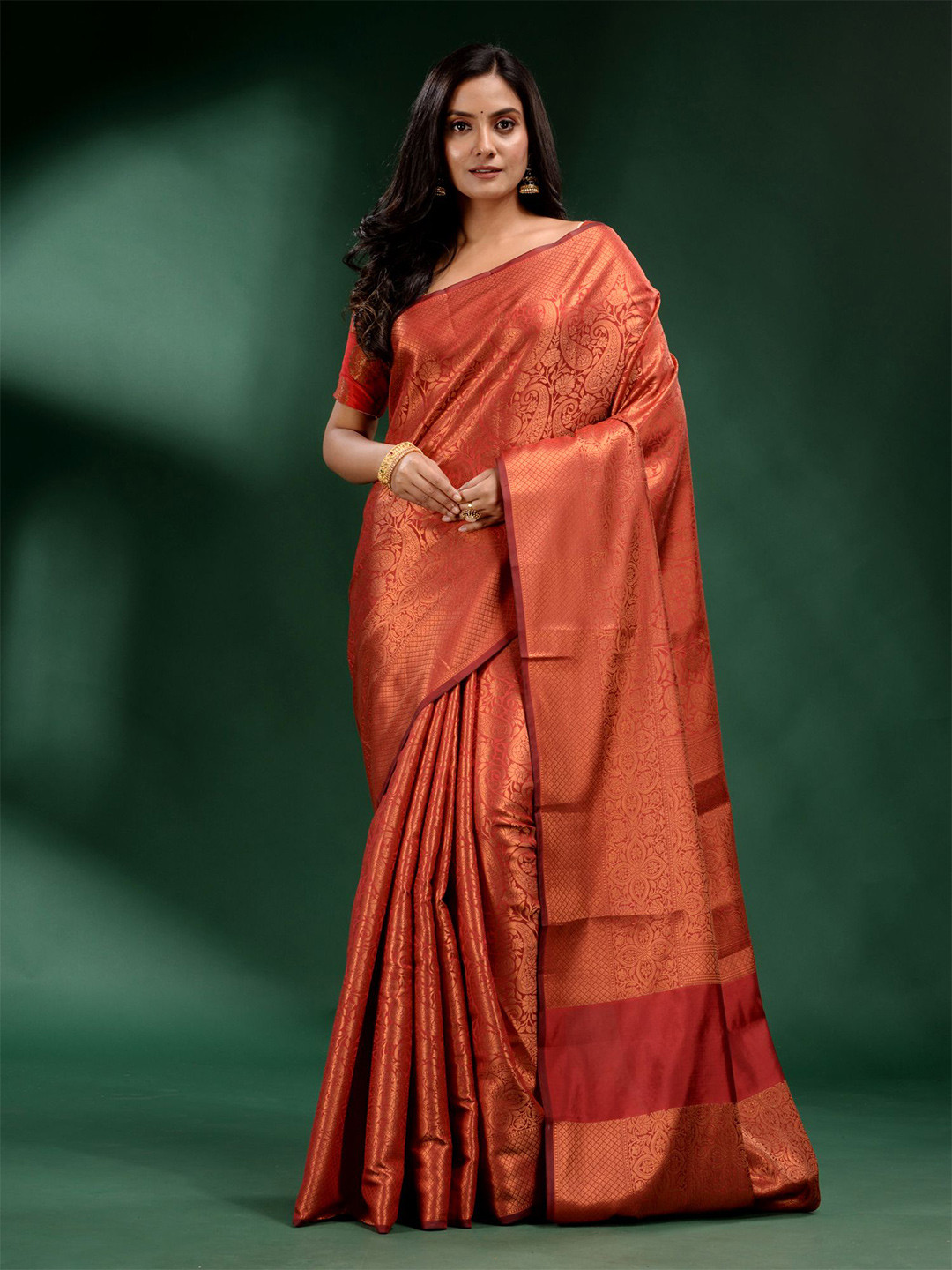 Charukriti Brick Red And Gold Toned Woven Design Zari Saree