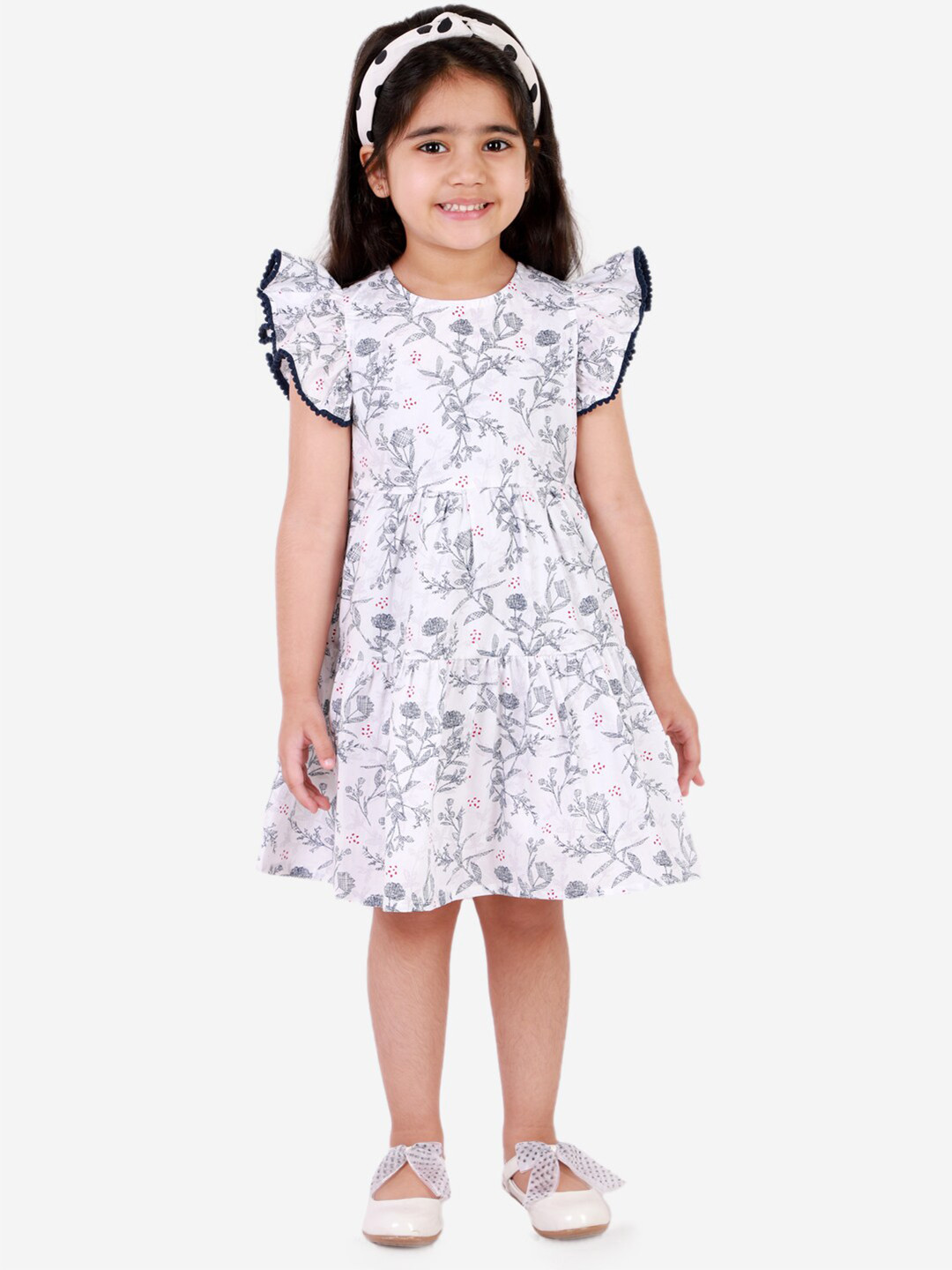 LIL DRAMA Kids Girls White And Grey Floral Print Flutter Sleeves Cotton A-Line Dress