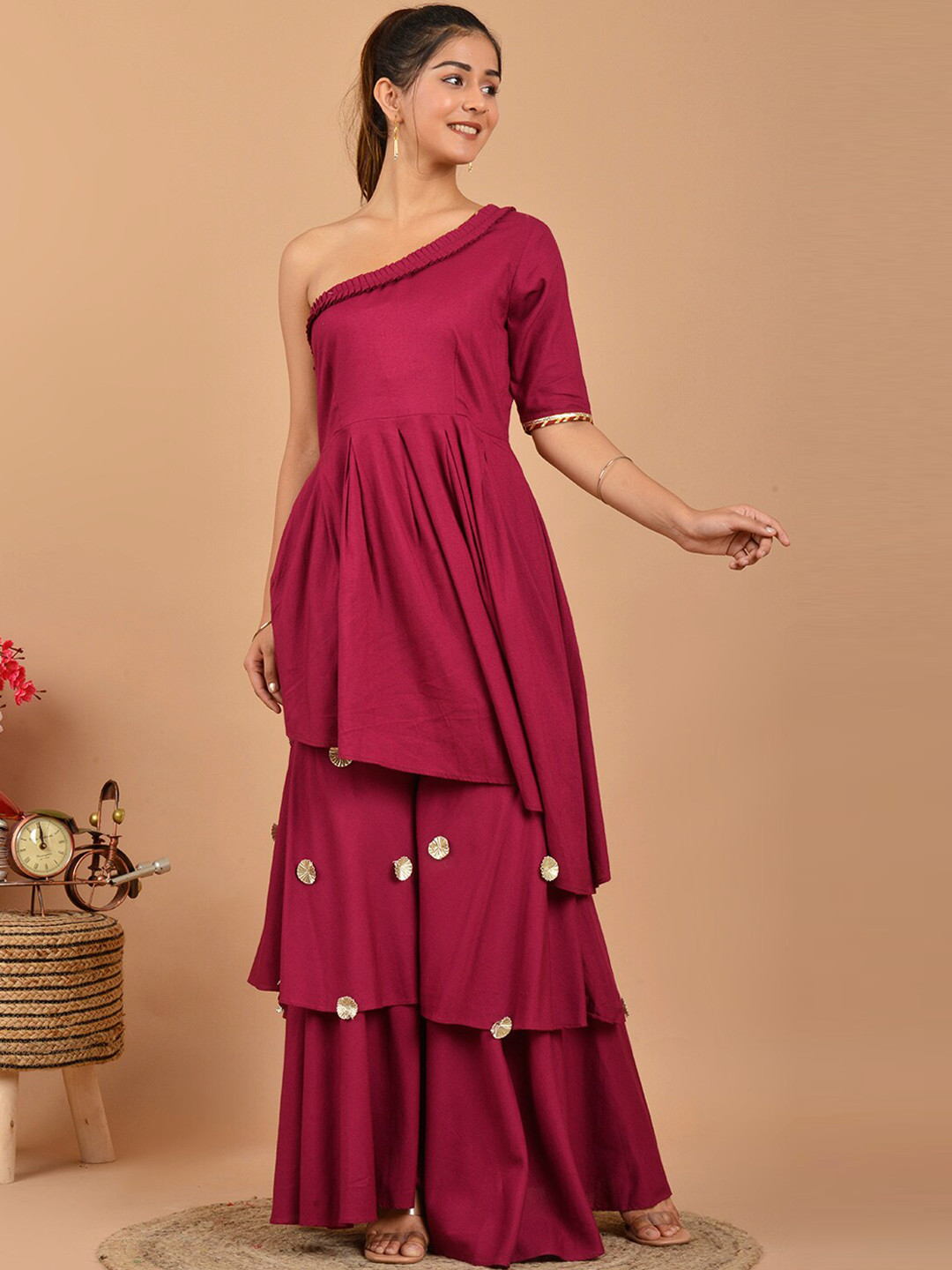 PINKVILLE JAIPUR Women Burgundy One Shoulder Kurti with Sharara Set