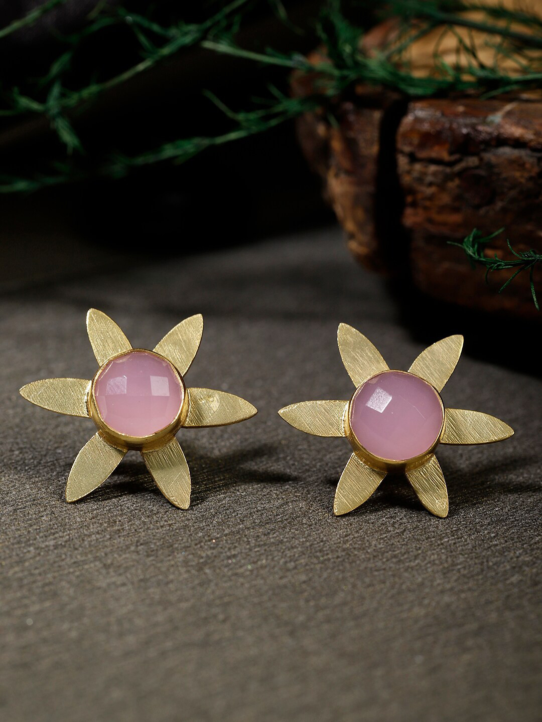 Berserk Women Gold Toned And Pink Gold Plated Rose Quartz Floral Studs