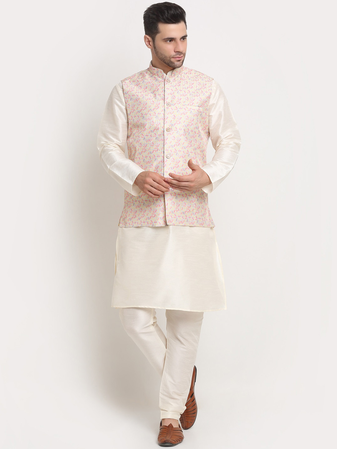 KRAFT INDIA Men Cream-Coloured Kurta & Churidar with Nehru Jacket