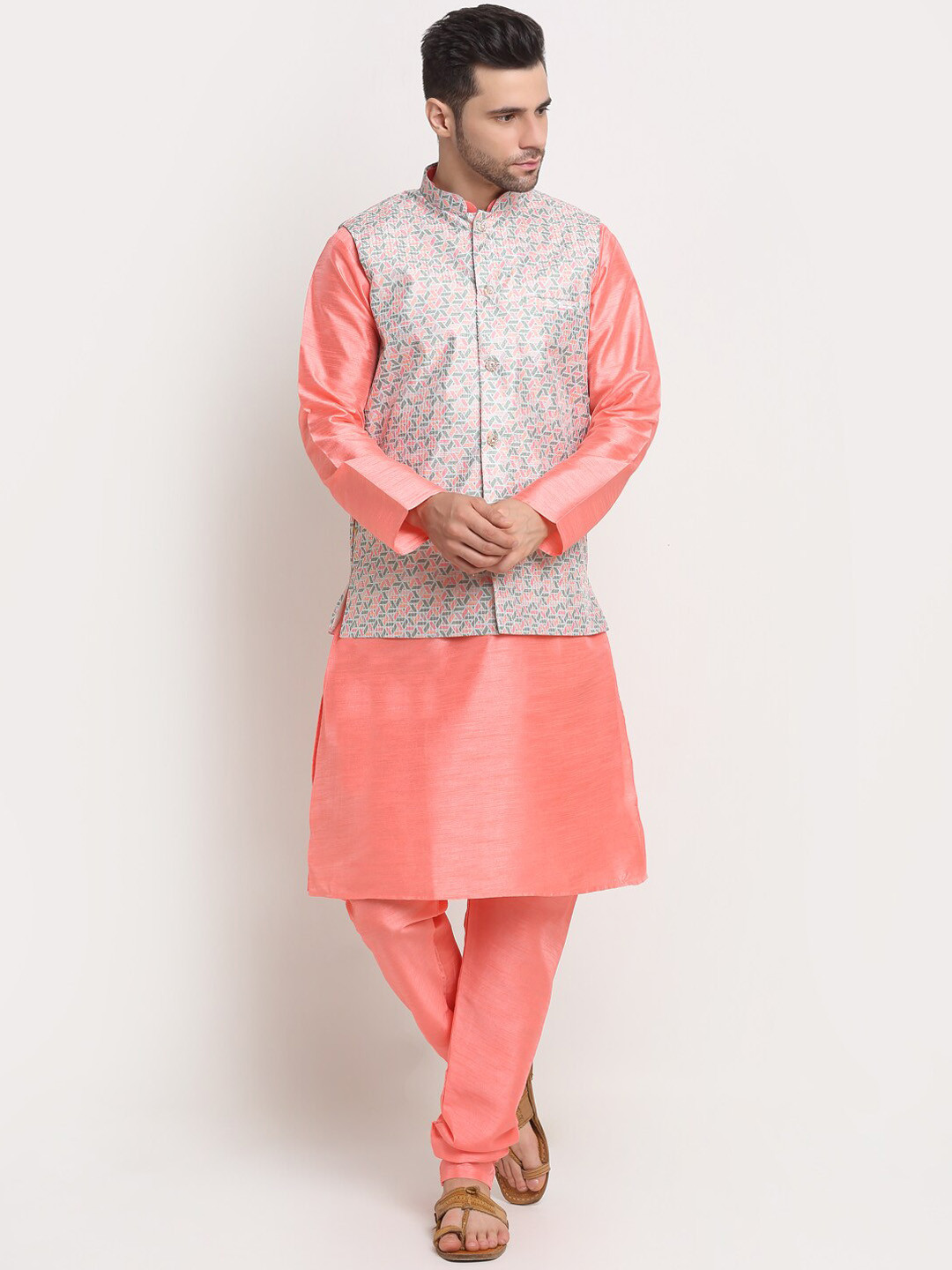 KRAFT INDIA Men Pink Paisley Kurta with Churidar & Nehru Jacket