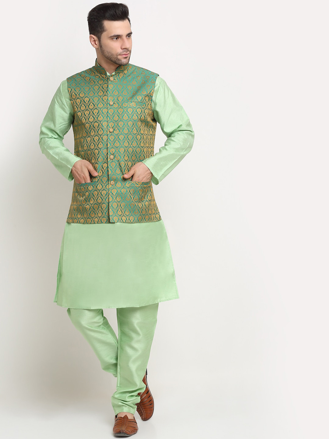 KRAFT INDIA Men Sea Green Kurta and Churidar with Nehru jacket