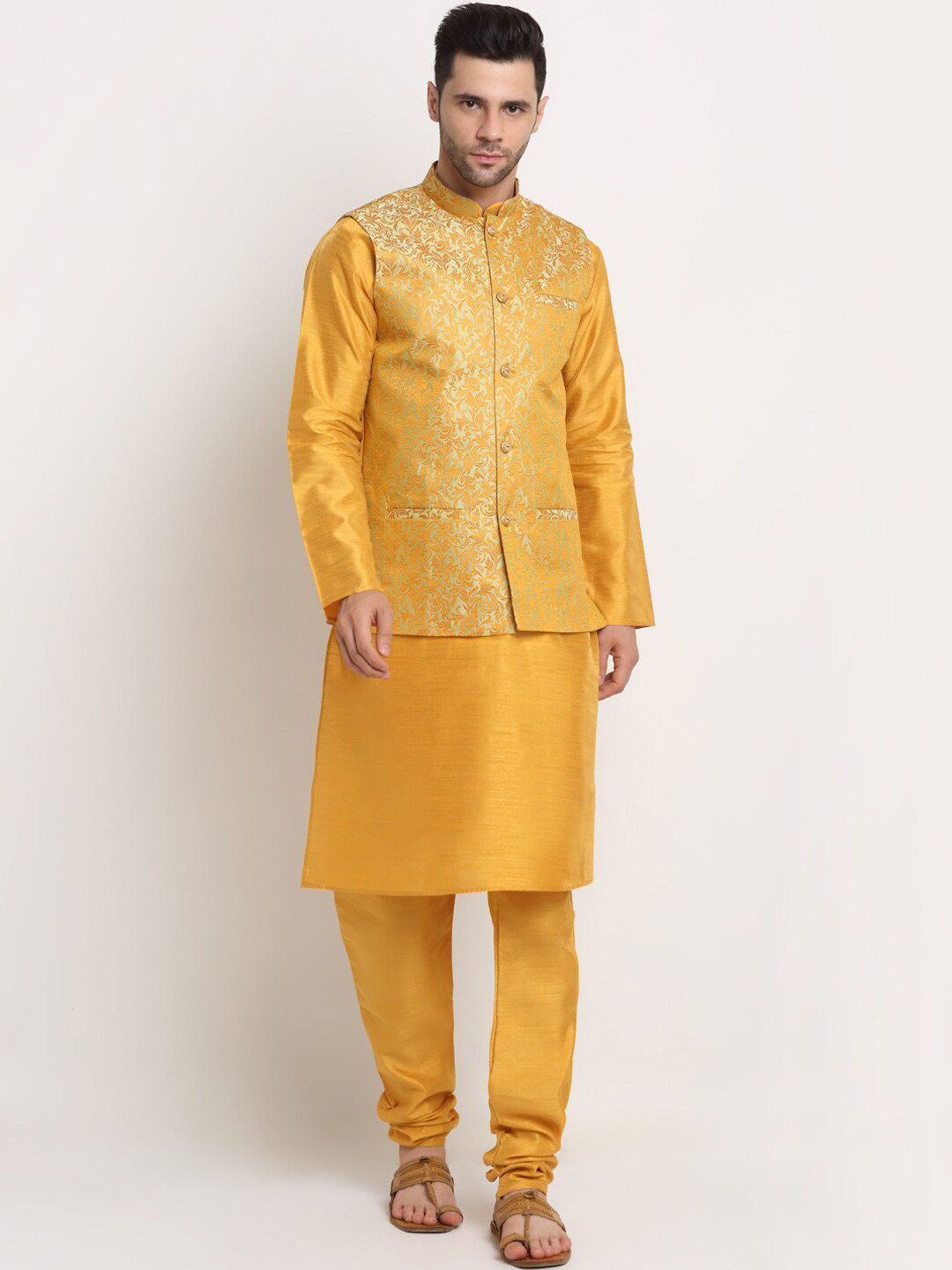 KRAFT INDIA Men Mustard Kurta and Churidar with Nehru jacket