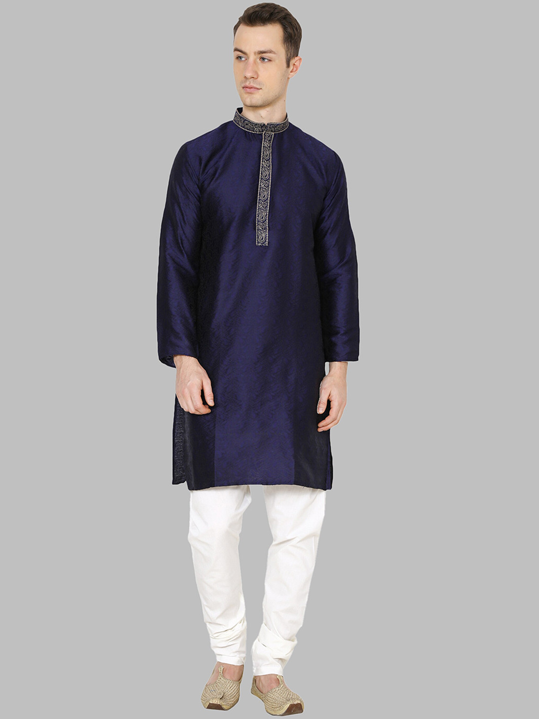 ROYAL KURTA Men Navy Blue Dupion Silk Kurta with Pyjamas