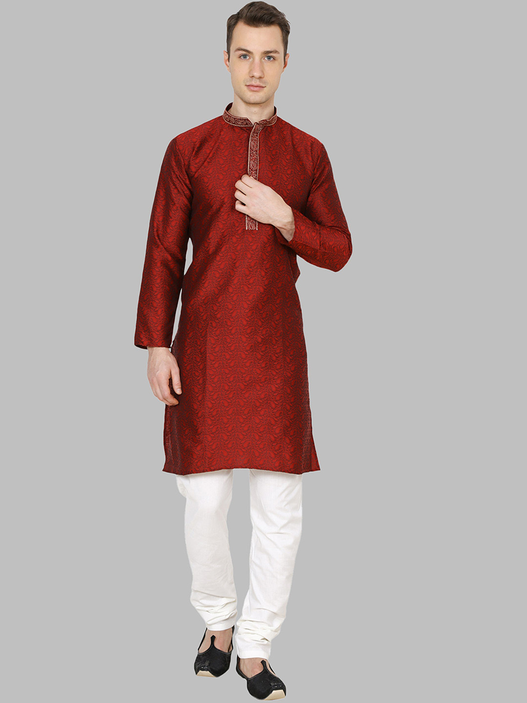 ROYAL KURTA Men Maroon Ethnic Motifs Printed Dupion Silk Kurta with Churidar