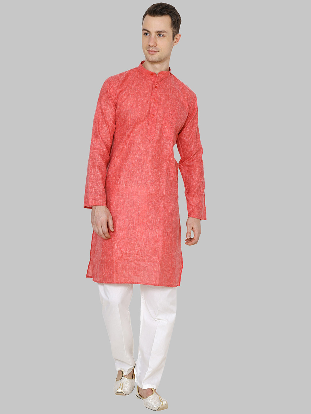 ROYAL KURTA Men Orange And White Solid Mandarin Collar Long Sleeves Kurta With Pyjama