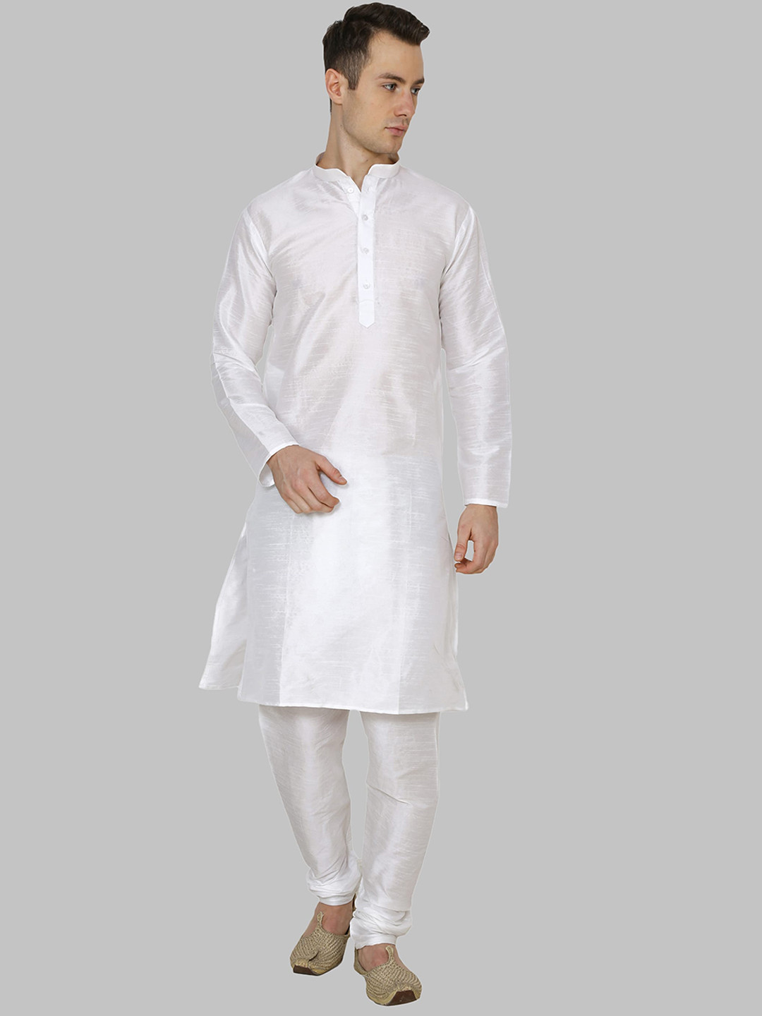 ROYAL KURTA Men White Solid Dupion Silk Kurta with Churidar