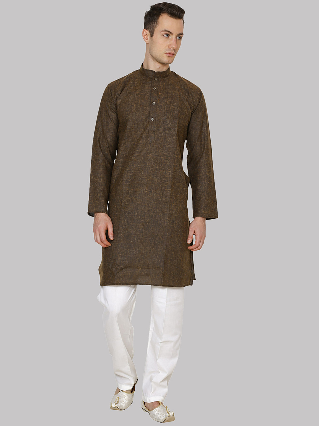 ROYAL KURTA Men Olive Green Cotton Linen Kurta with Pyjamas