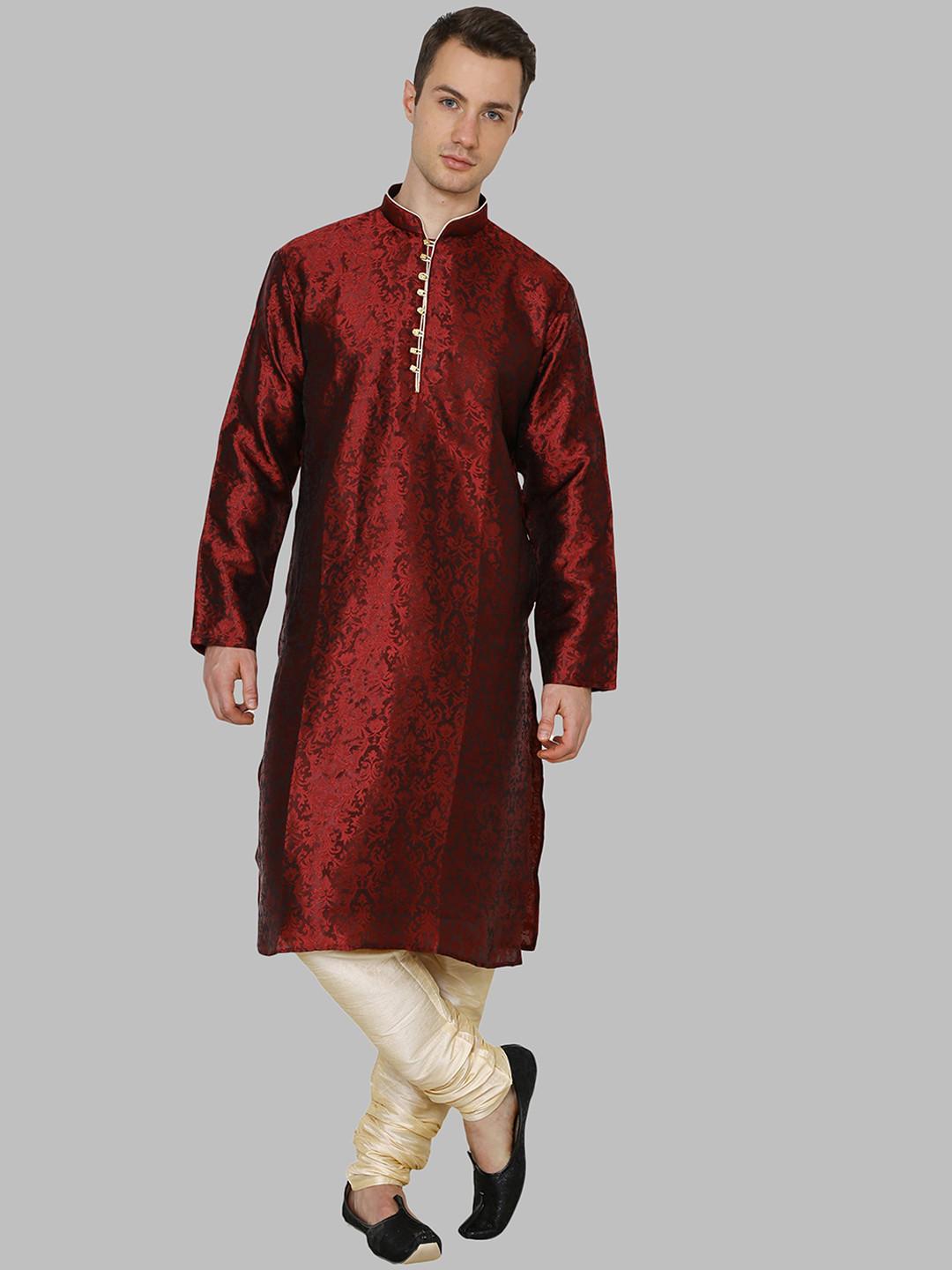 ROYAL KURTA Men Maroon And Cream Self Design Dupion Silk Kurta With Churidar