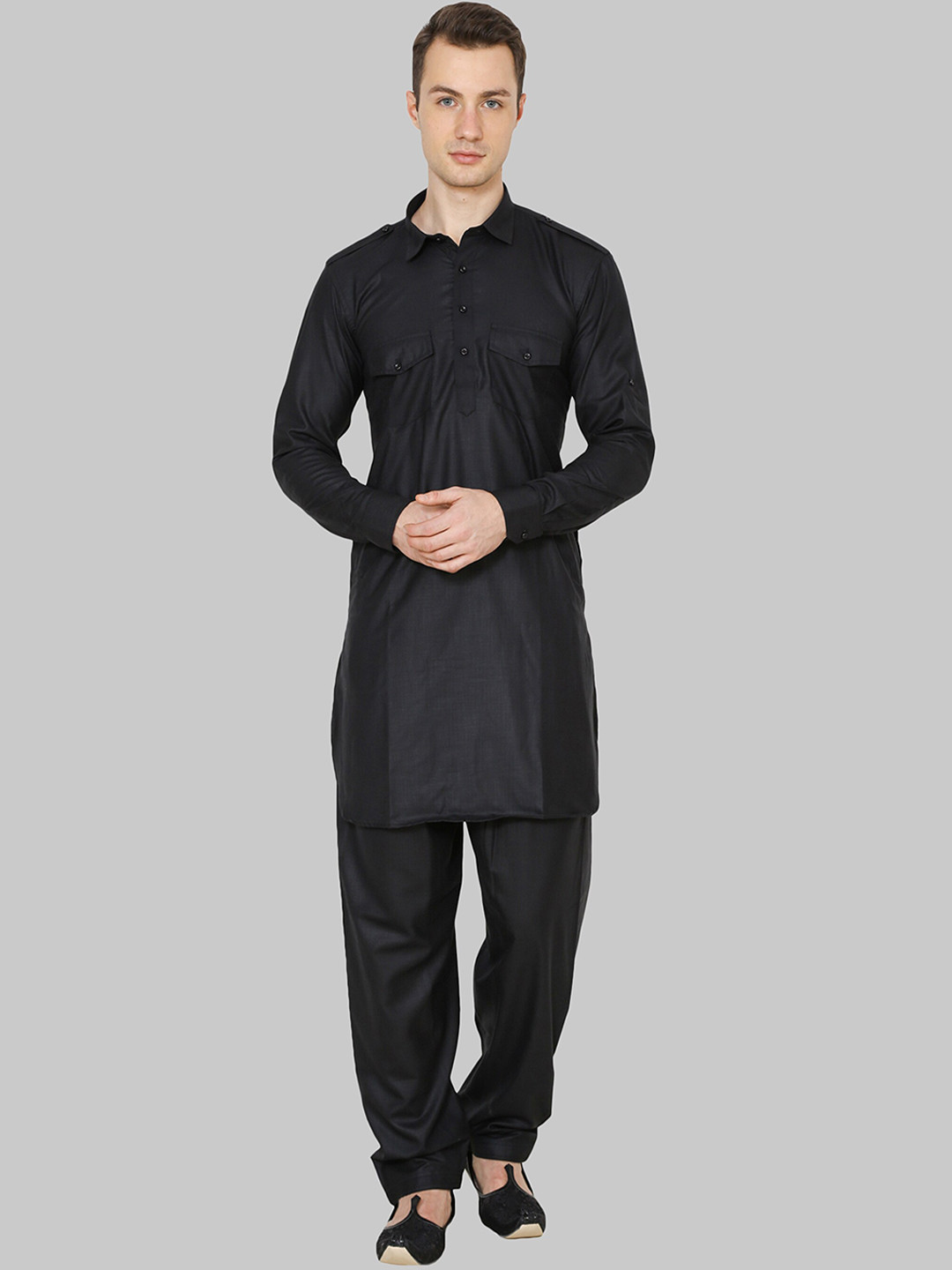 ROYAL KURTA Men Black Solid Cotton Blend Pathani Kurta with Salwar