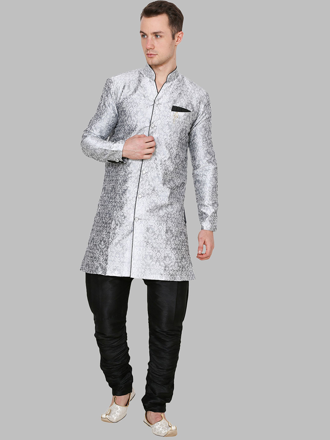 ROYAL KURTA Men Silver-Toned Patchwork Dupion Silk Kurta with Harem Pants