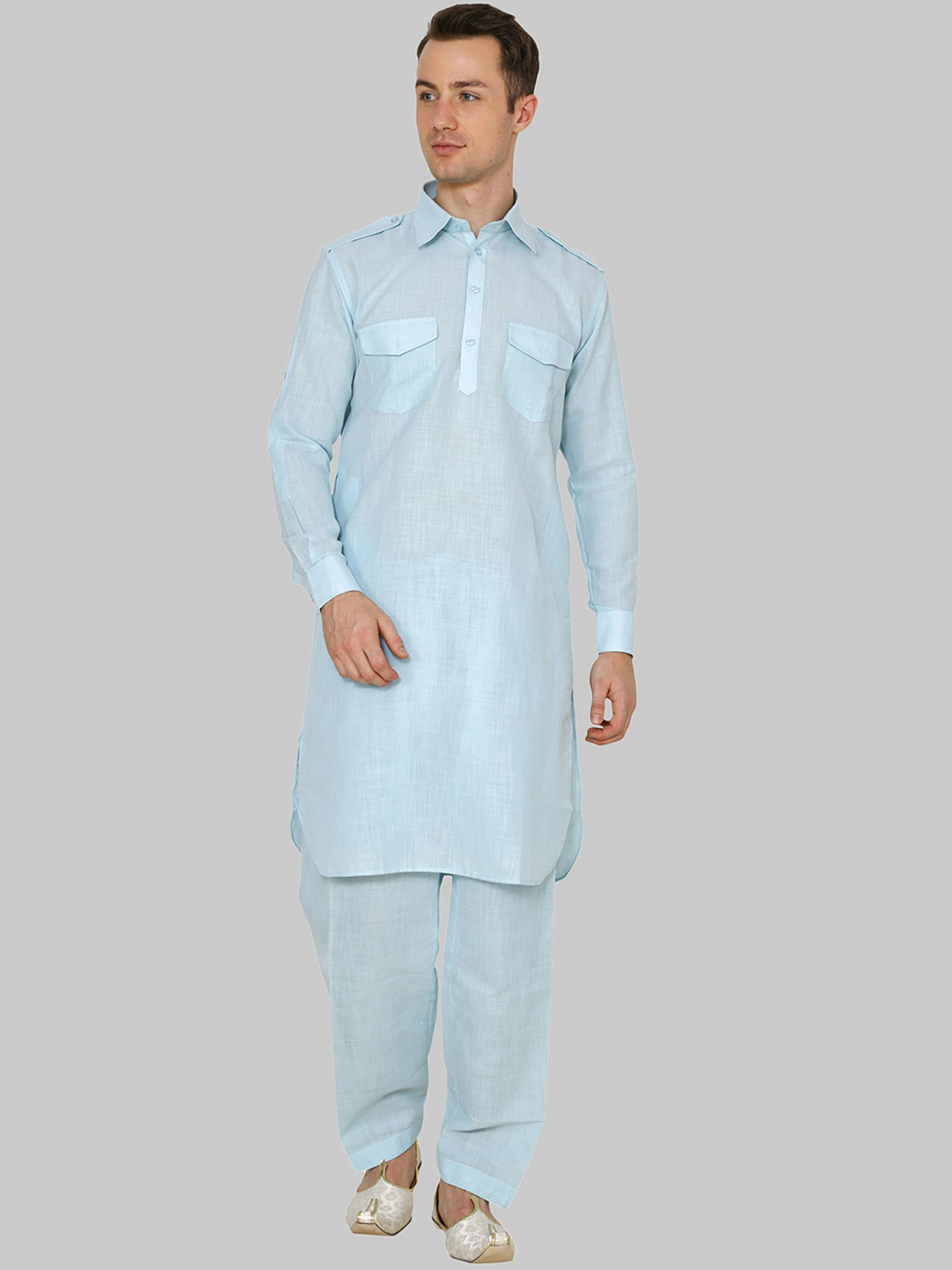 ROYAL KURTA Men Blue Solid Shirt Collar Pathani Kurta With Salwar