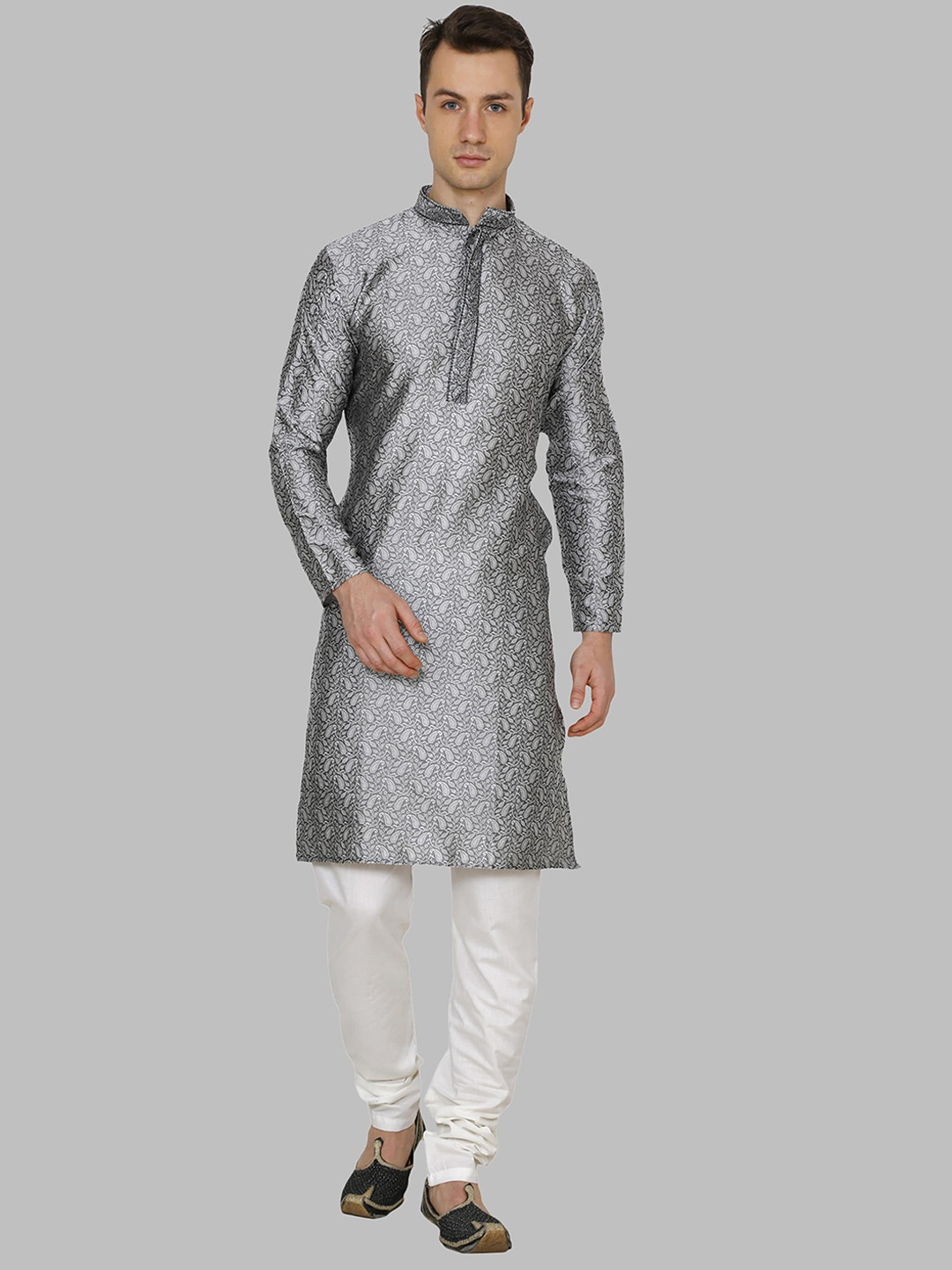 ROYAL KURTA Men Grey Embroidered Dupion Silk Straight  Kurta with Churidar