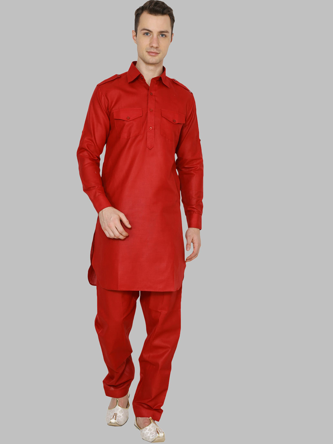 ROYAL KURTA Men Red Pathani Kurta with Pyjama