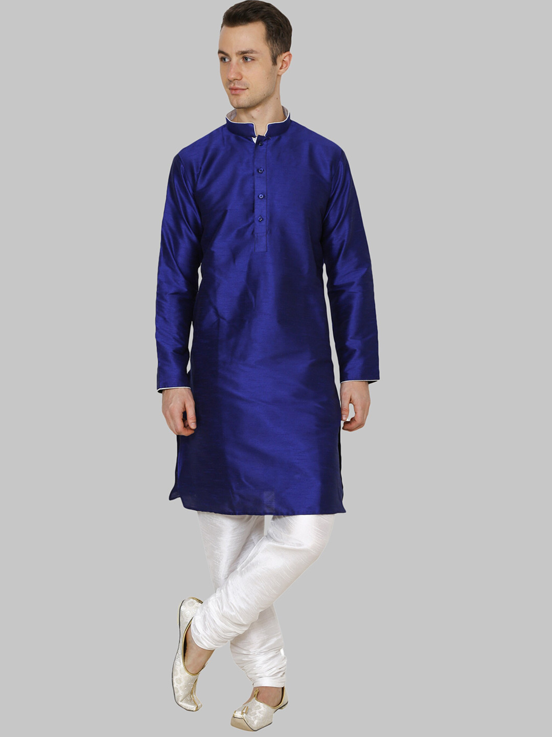 ROYAL KURTA Men Blue & White Solid Dupion Silk Straight Kurta with Pyjamas