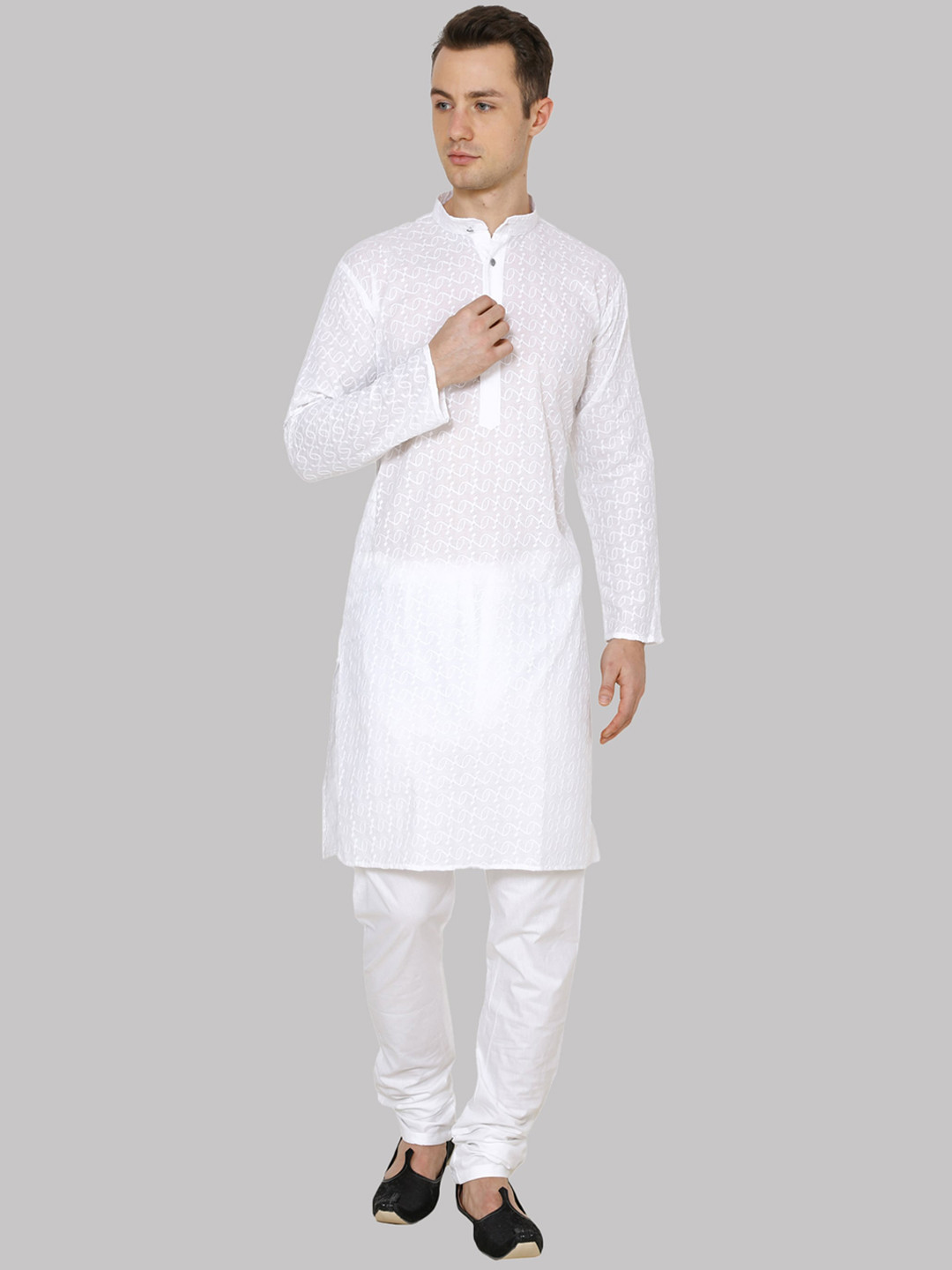 ROYAL KURTA Men White Ethnic Motifs Embroidered Chikankari Kurta with Churidar