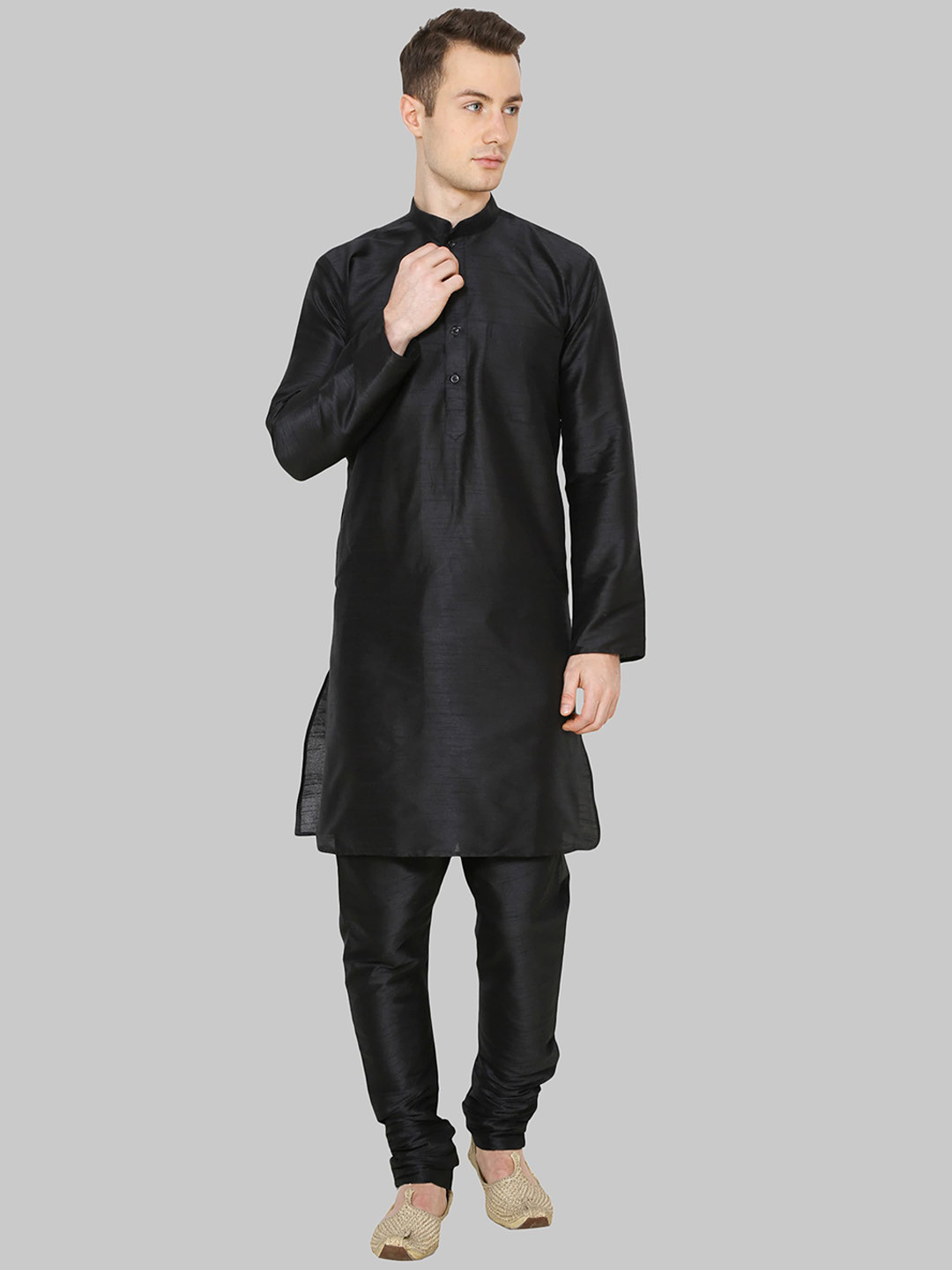 ROYAL KURTA Men Black Solid Mandarin Collar Long Sleeves Dupion Silk Kurta With Churidar