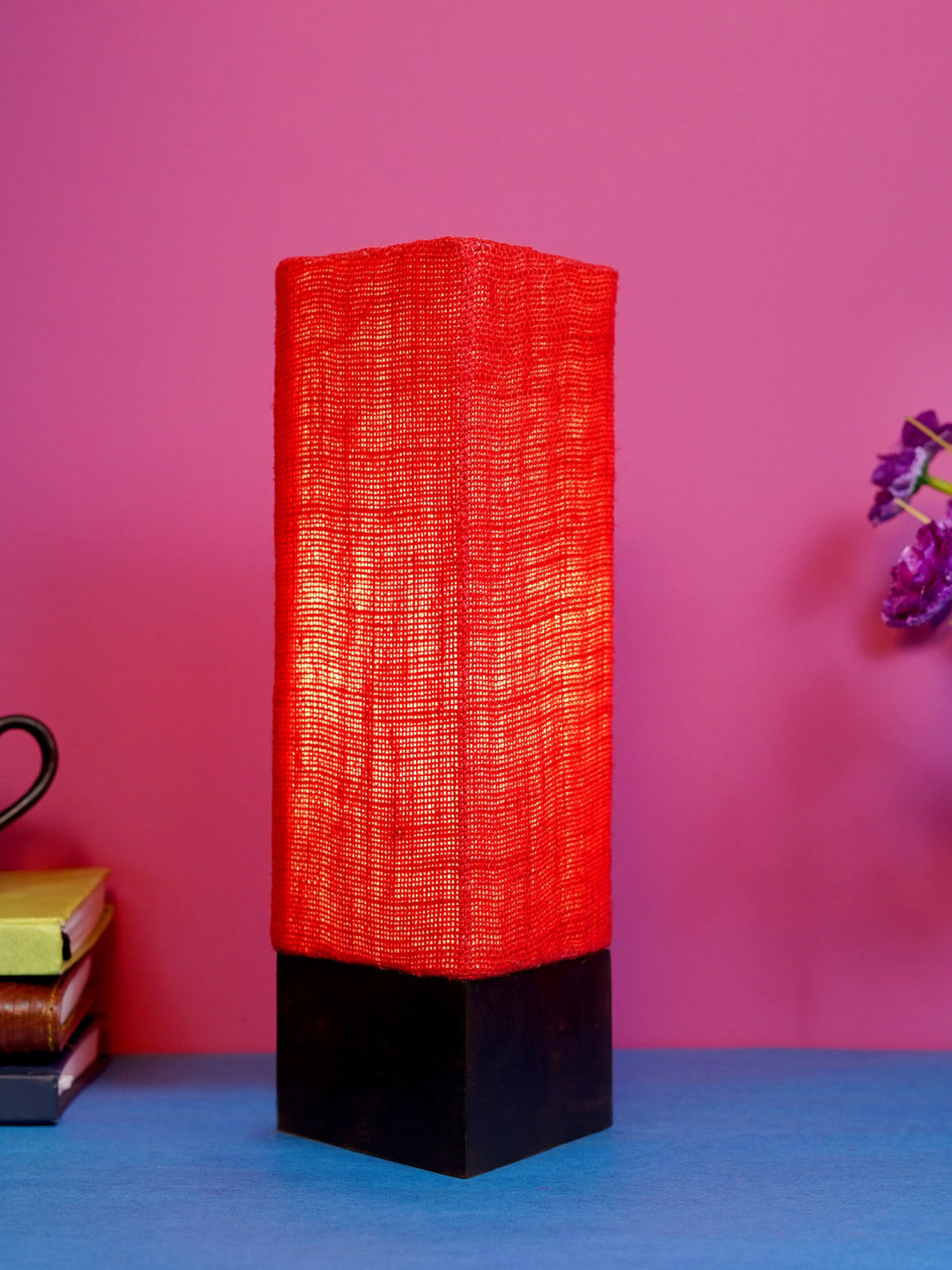 foziq Brown & Red Rectangular Wooden Table Lamp