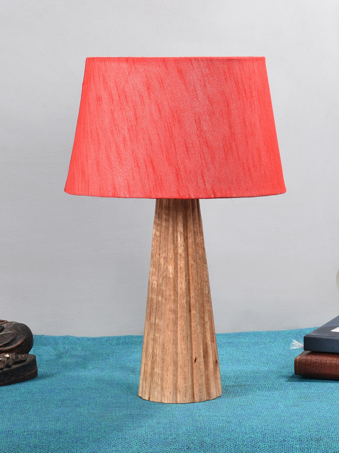 foziq Brown & Coral Textured Wooden Table Lamps