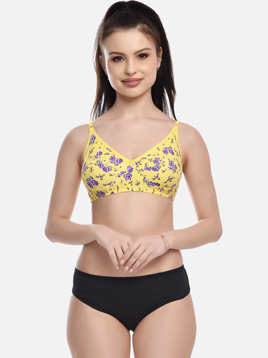FIMS Women Yellow Floral Printed Lingerie Set