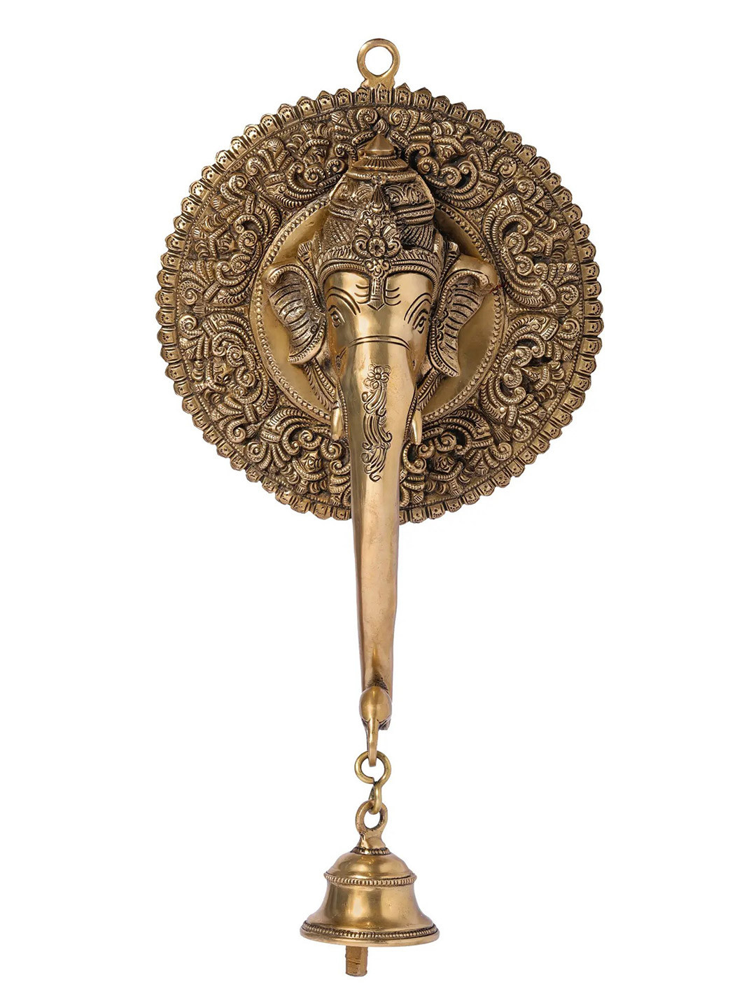 Exotic India Ganesha Temple Bell Brass Ethnic Motifs Antique Spiritual Wall Decor-14In