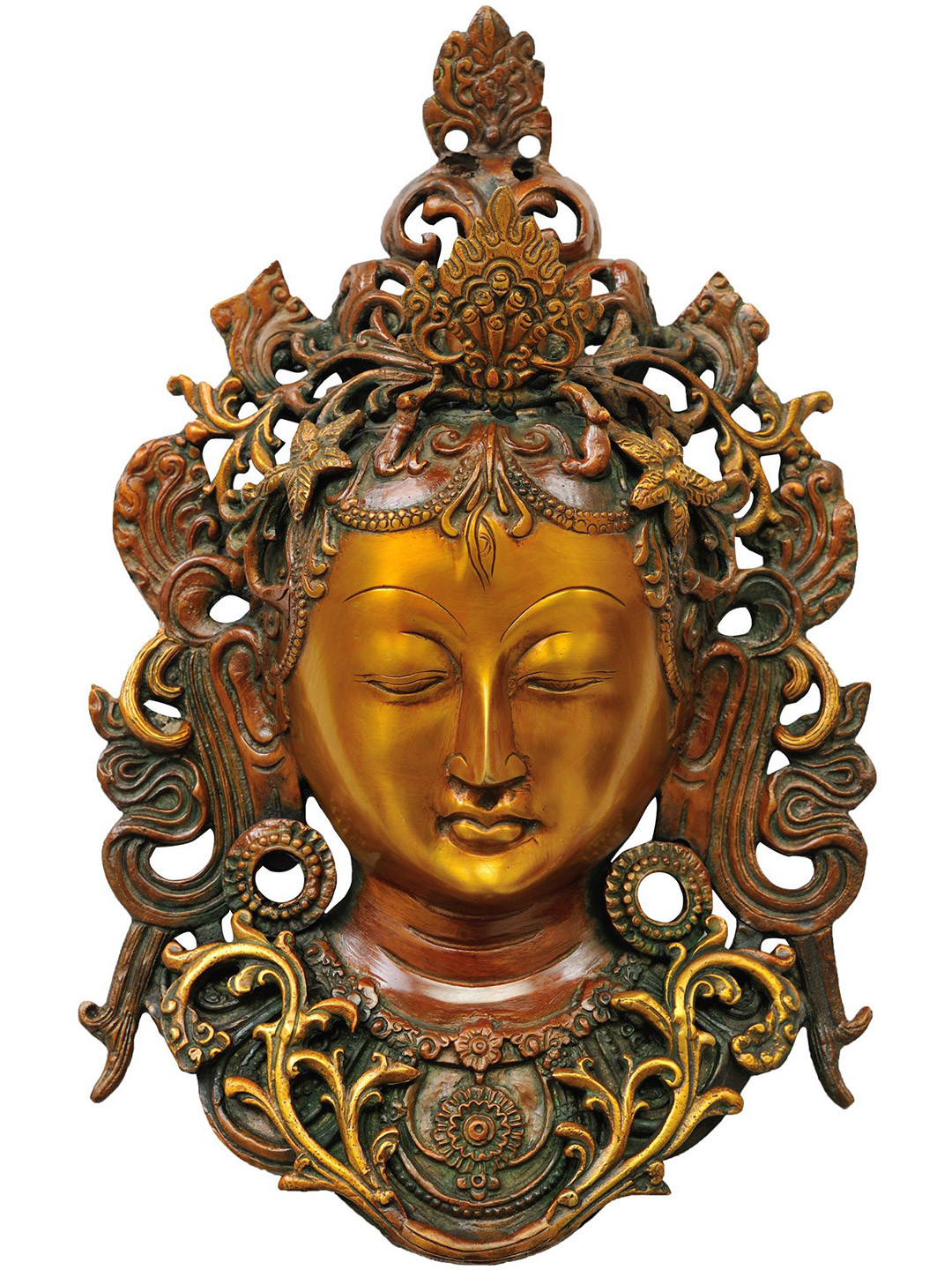 Exotic India Goddess Tara Wall Hanging Mask (Tibetan Buddhist Deity) Brass Spiritual Wall Decor-12In