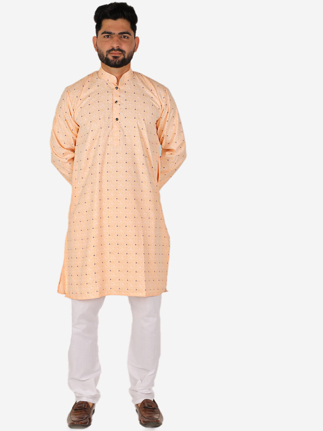 Pro-Ethic STYLE DEVELOPER Men Peach-Colored Floral Printed Pure Cotton Kurta with Pyjama